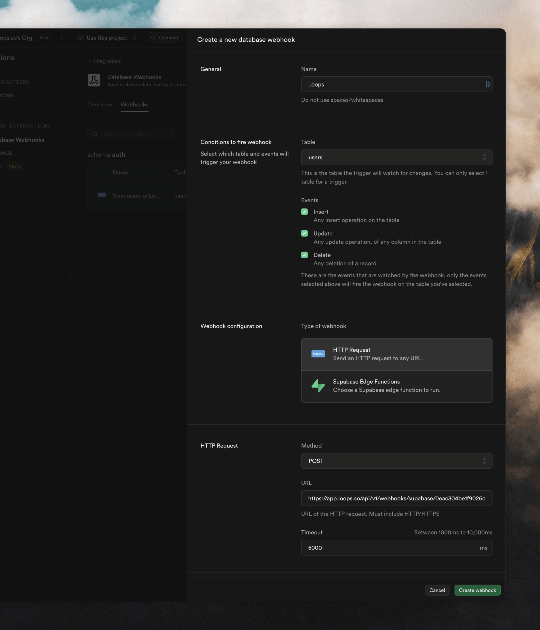 Adding a webhook in Supabase