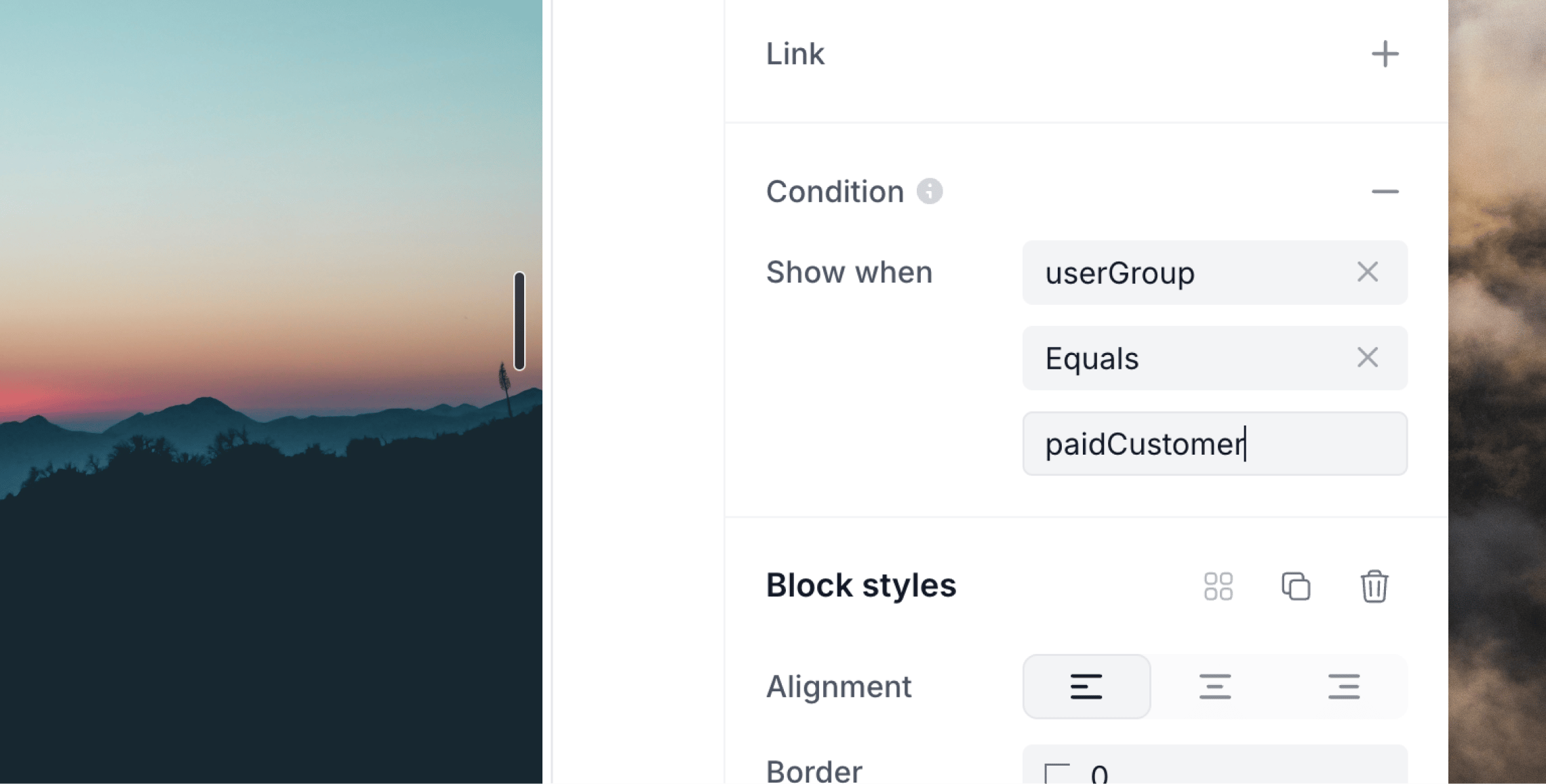 The Condition panel in the editor sidebar