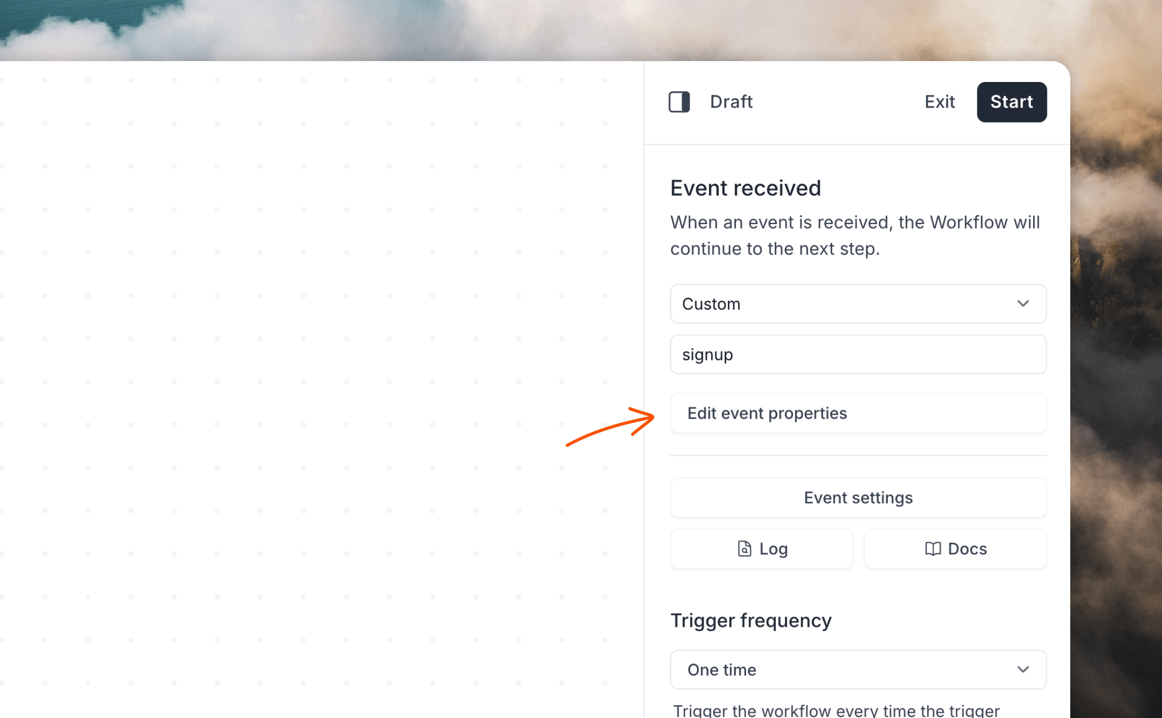 Adding an event property in the workflow builder