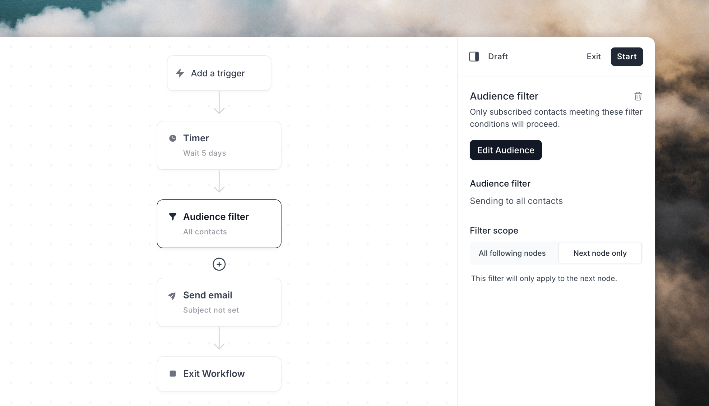 Audience filter node in workflow builder