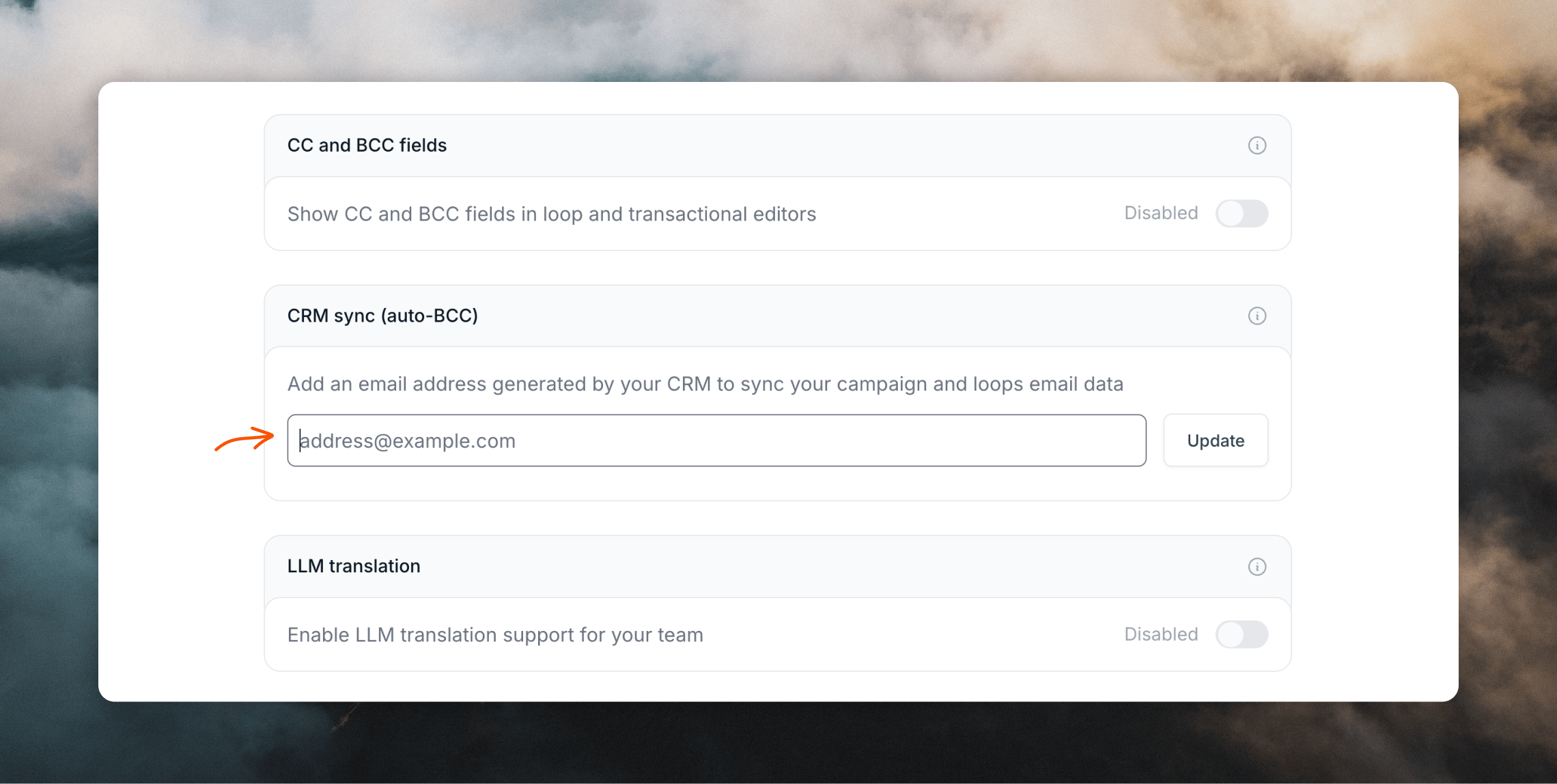 Auto BCC setting in Loops sending settings