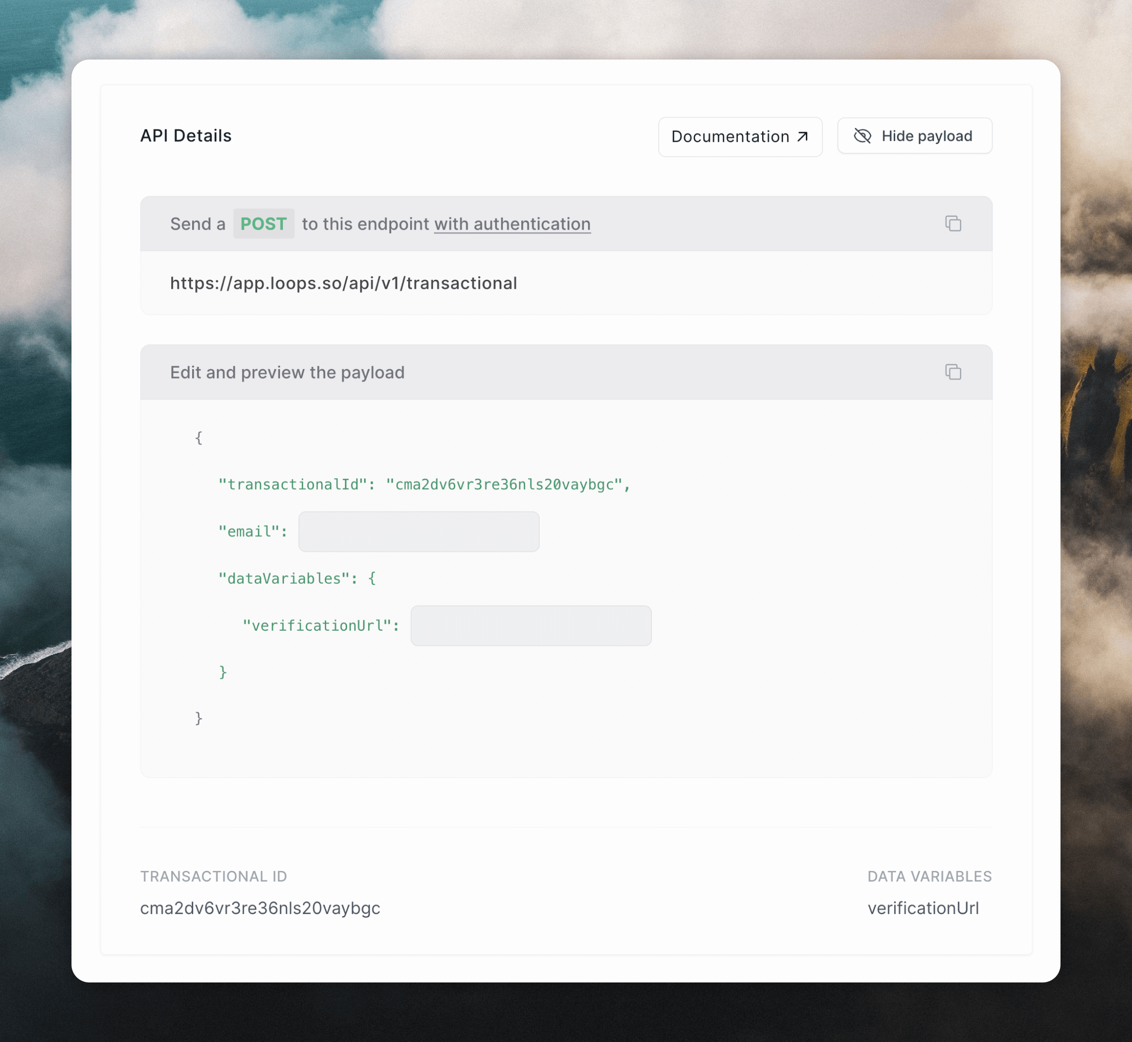 Transactional email ID and example payload