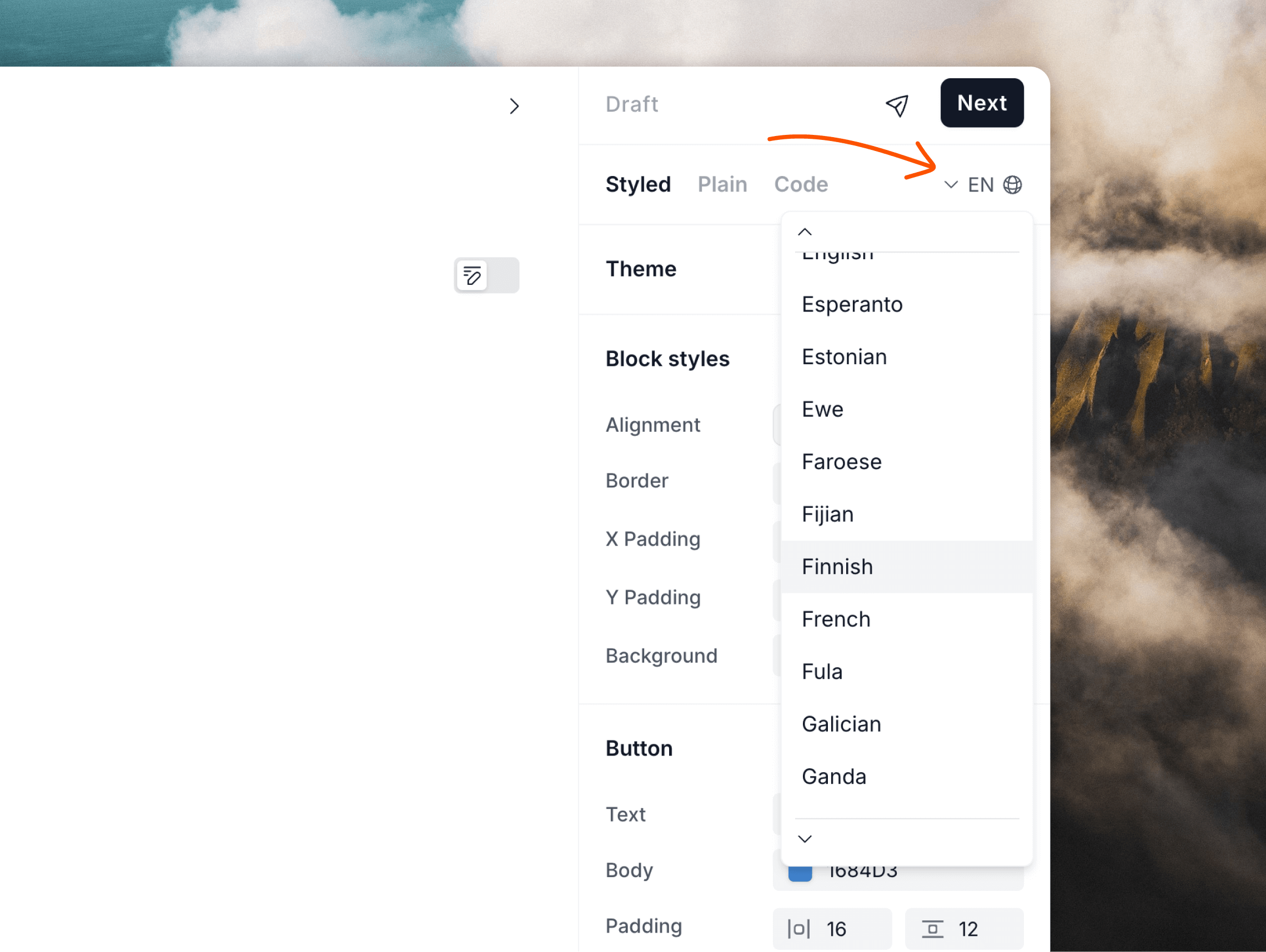 Language selection menu