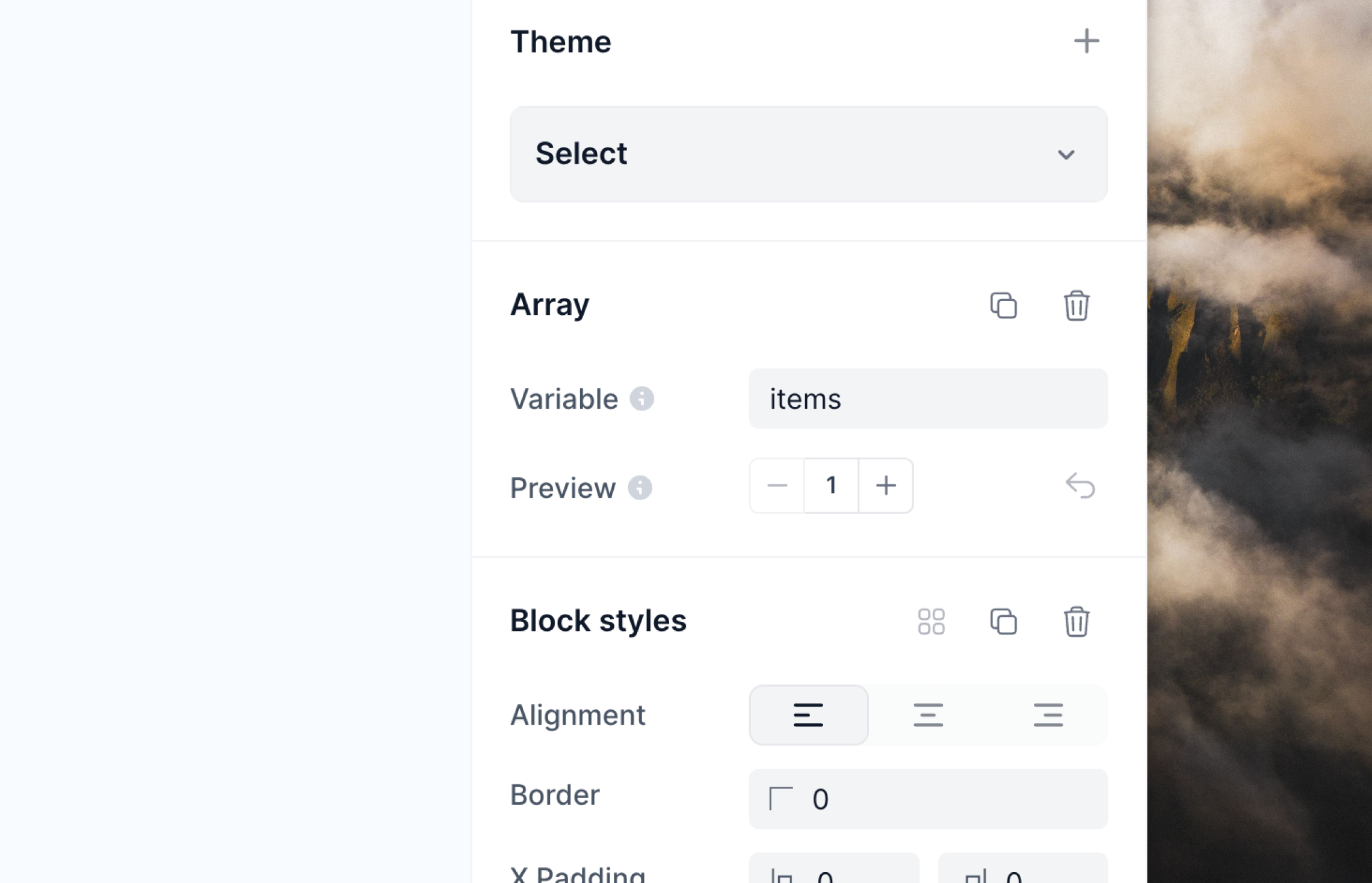 Editor panel with array section