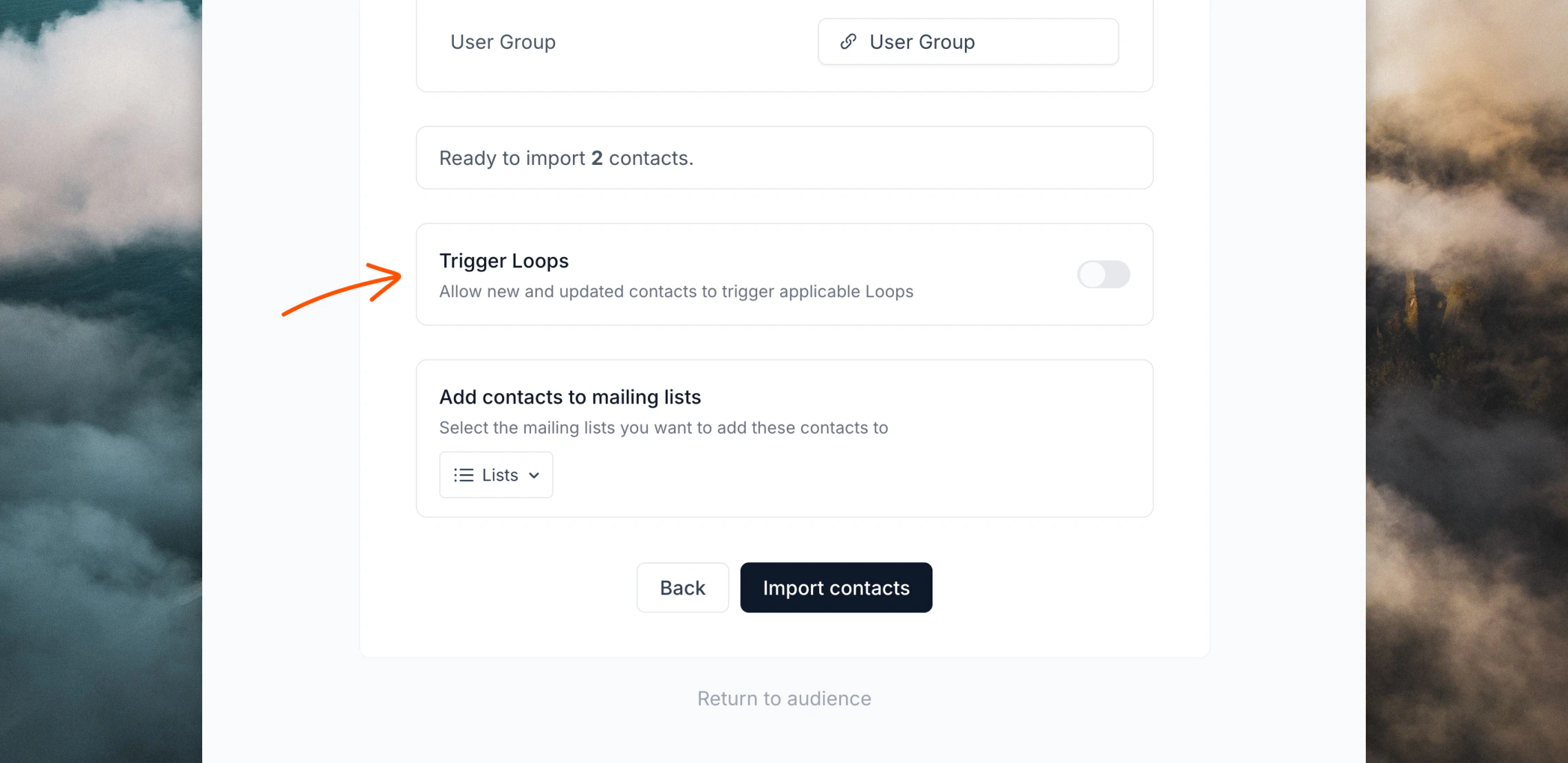 CSV upload review step showing “Trigger loops”