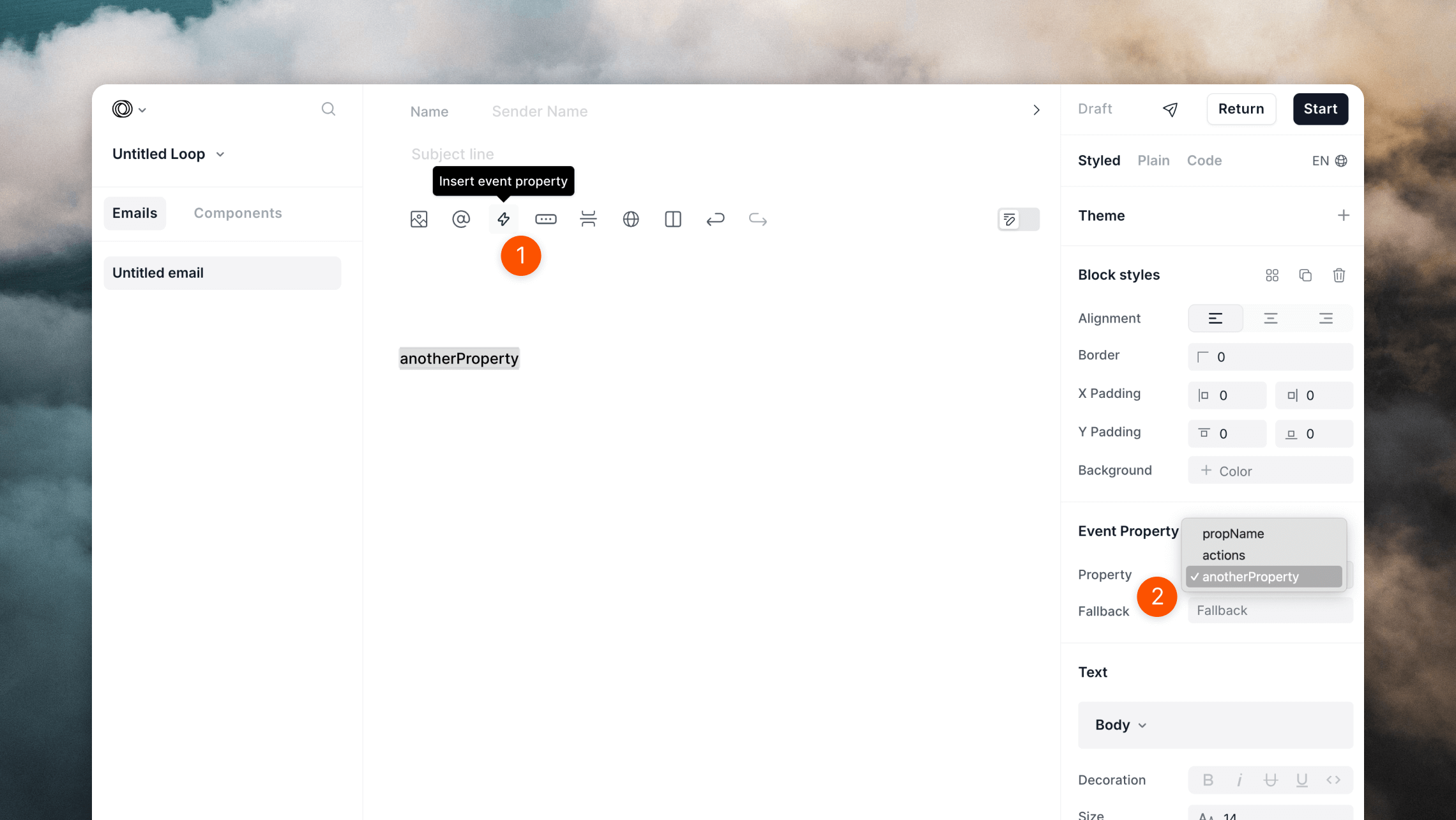 Adding event properties in the editor
