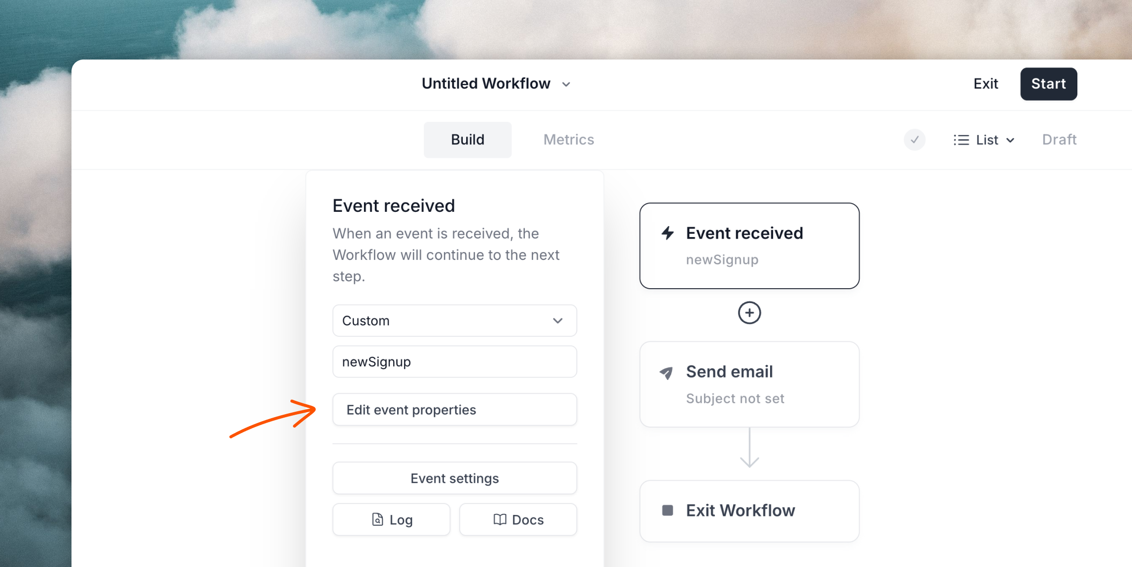 Adding an event property in the workflow builder