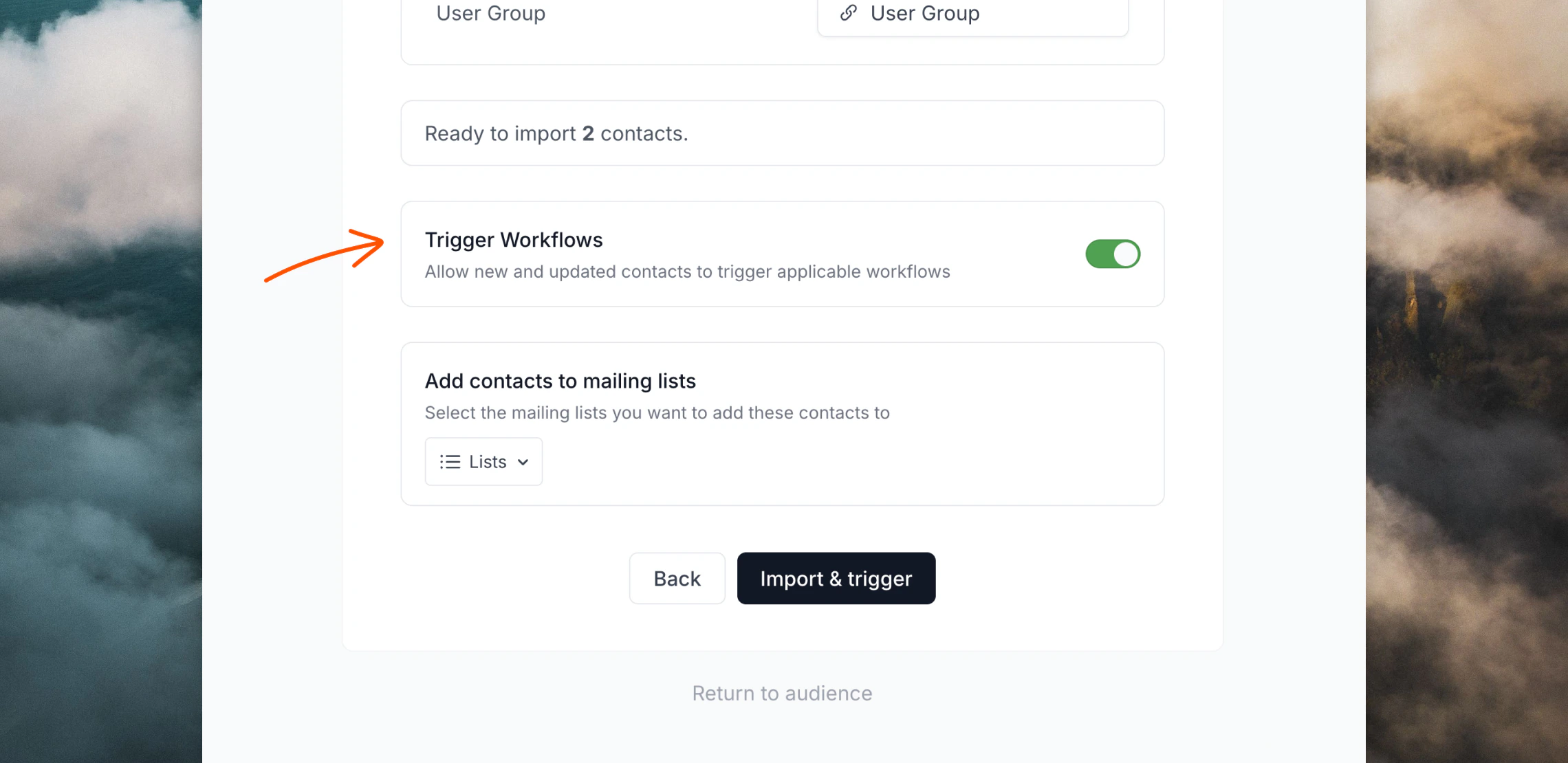 CSV upload review step showing “Trigger workflows”