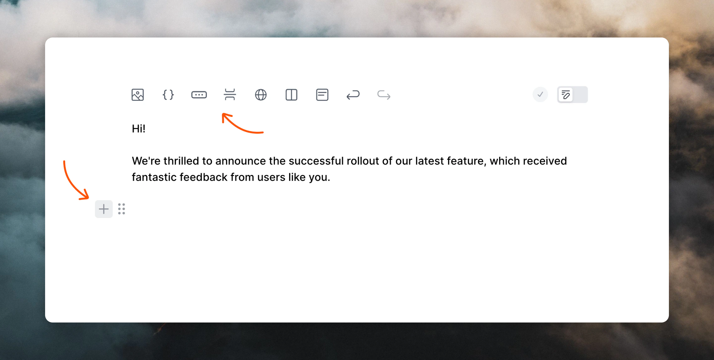Adding an element using the plus icon in the editor