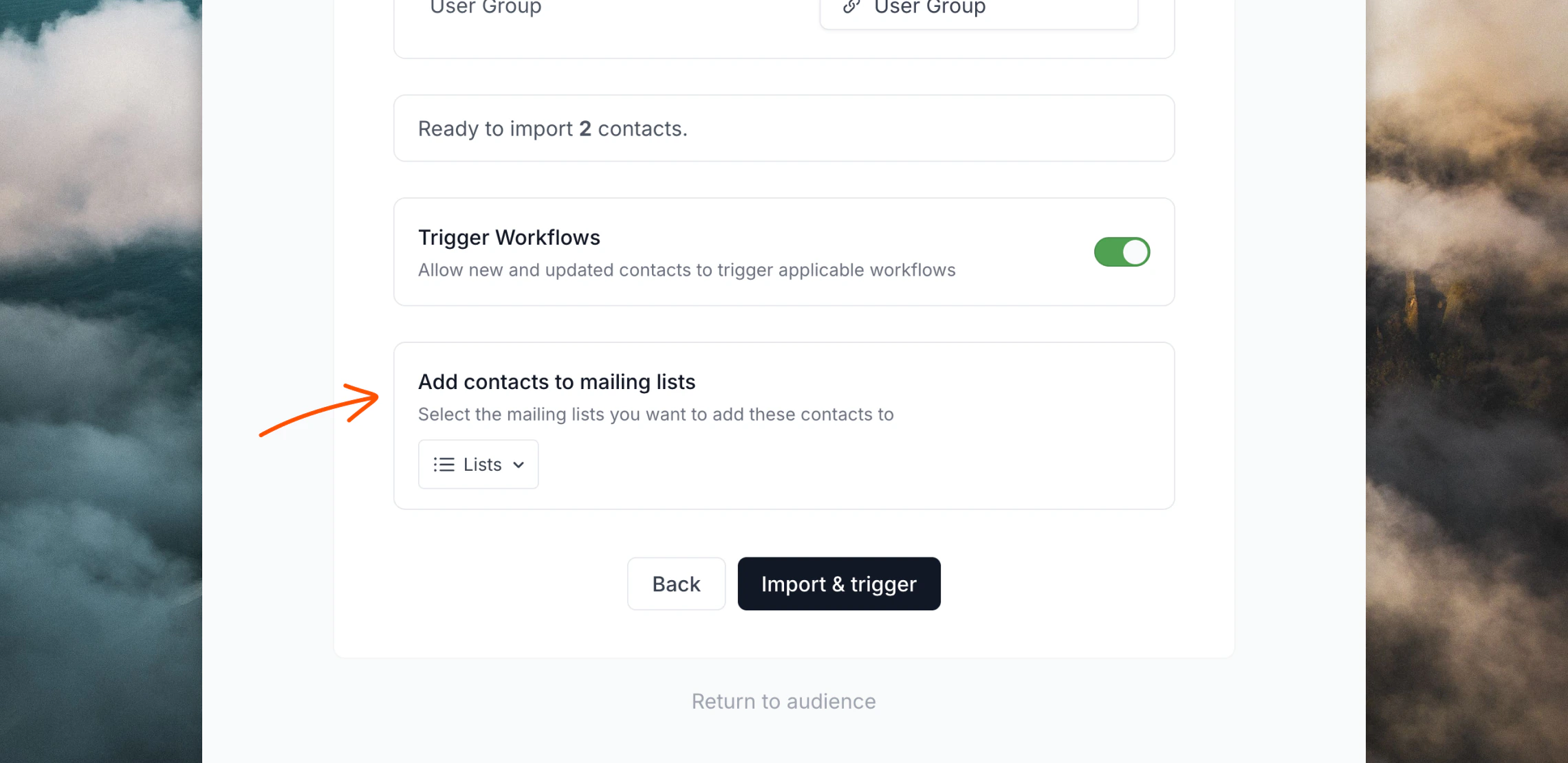 CSV upload step selecting a mailing list