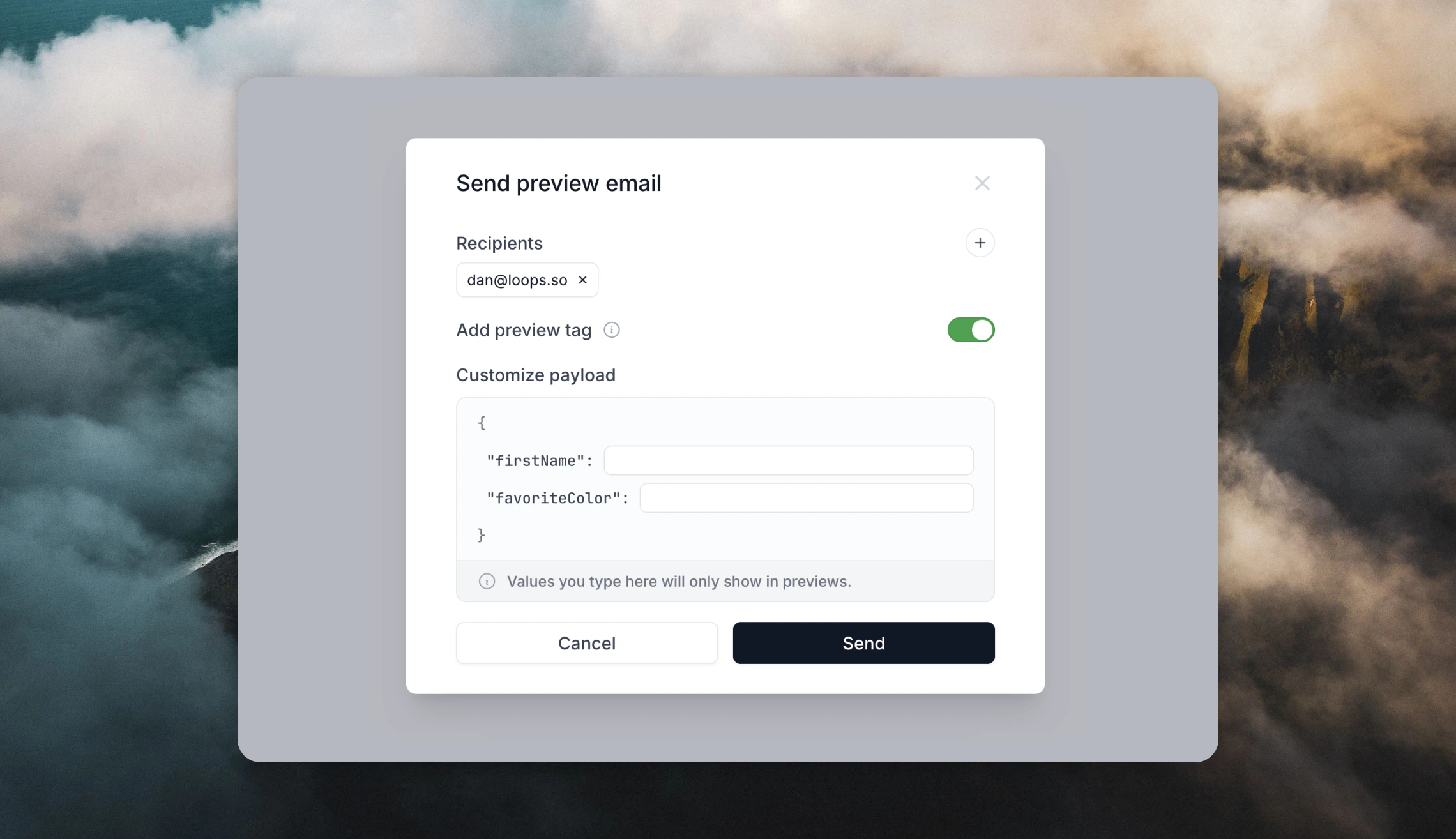 Preview email modal showing contact selection