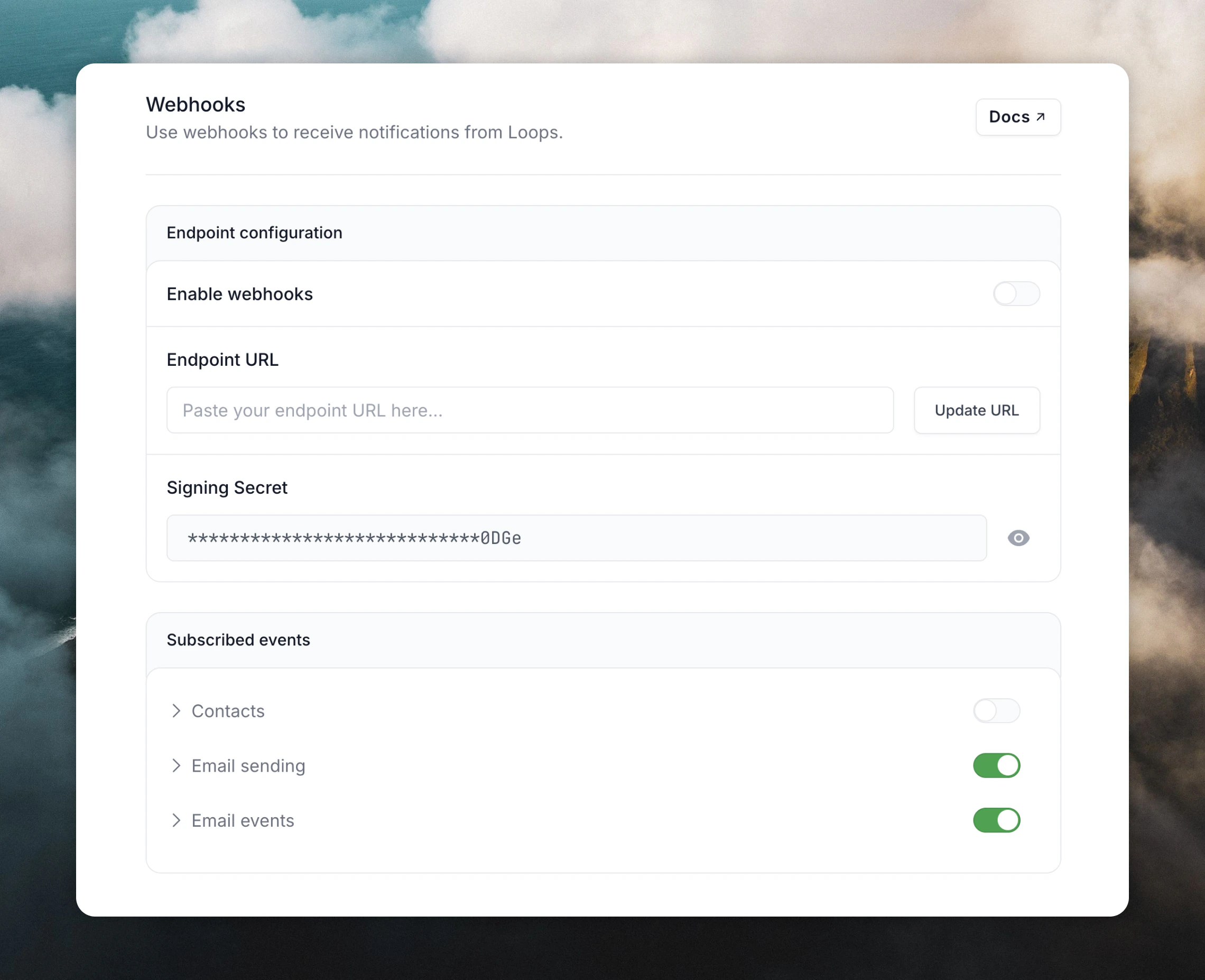 Webhooks settings