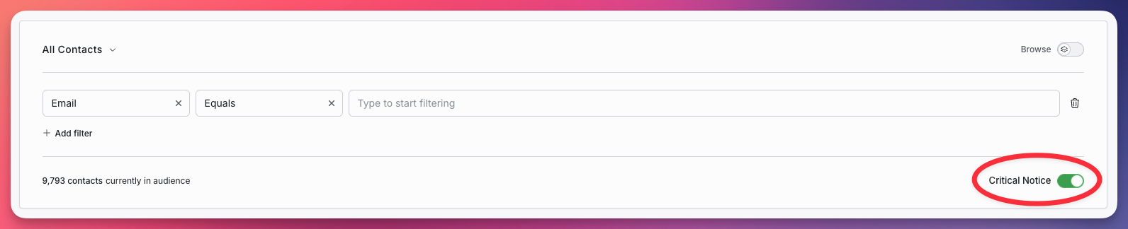 Critical Notice toggle turned on in the campaign audience step