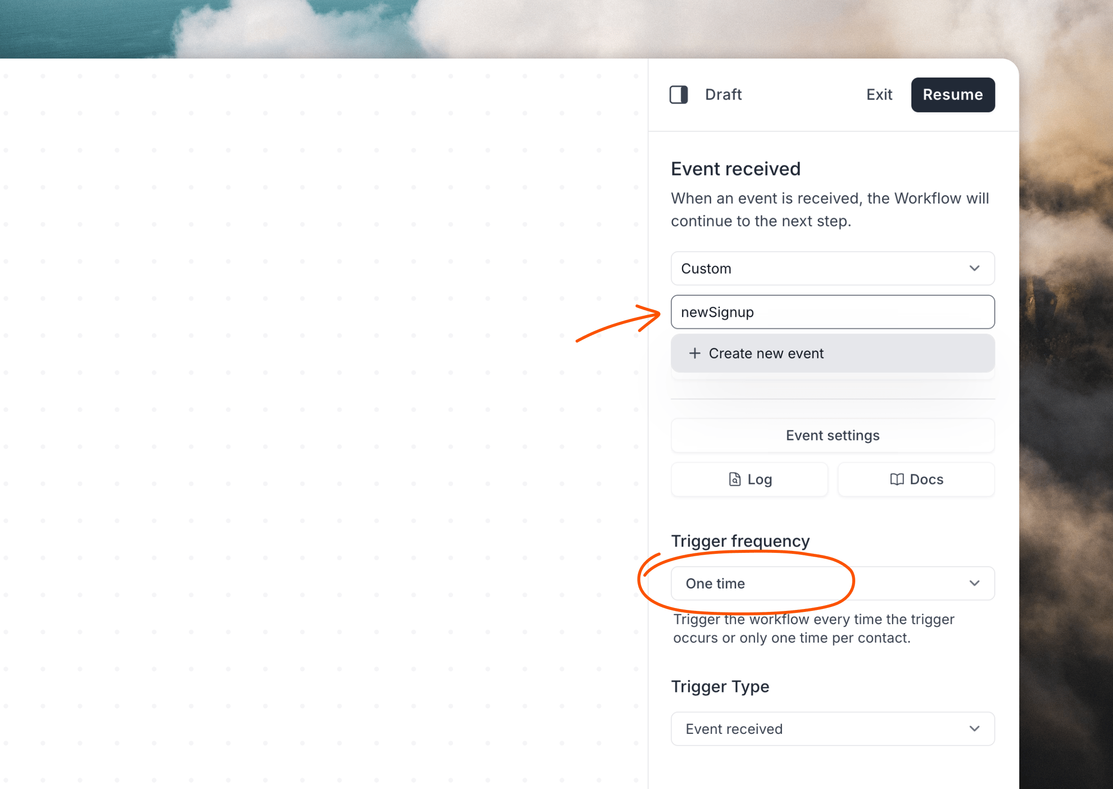 Add an event from the workflow builder
