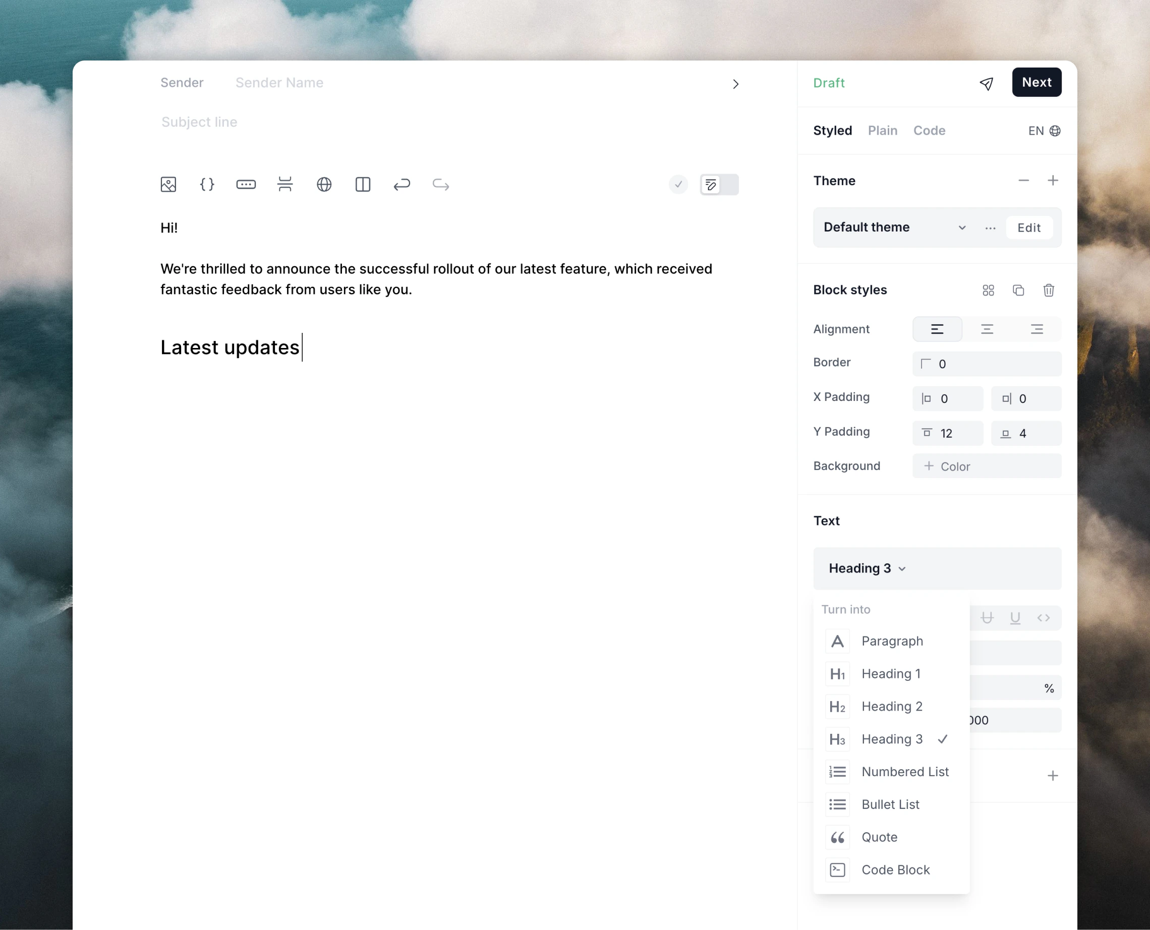 Formatted text options in the Loops email editor