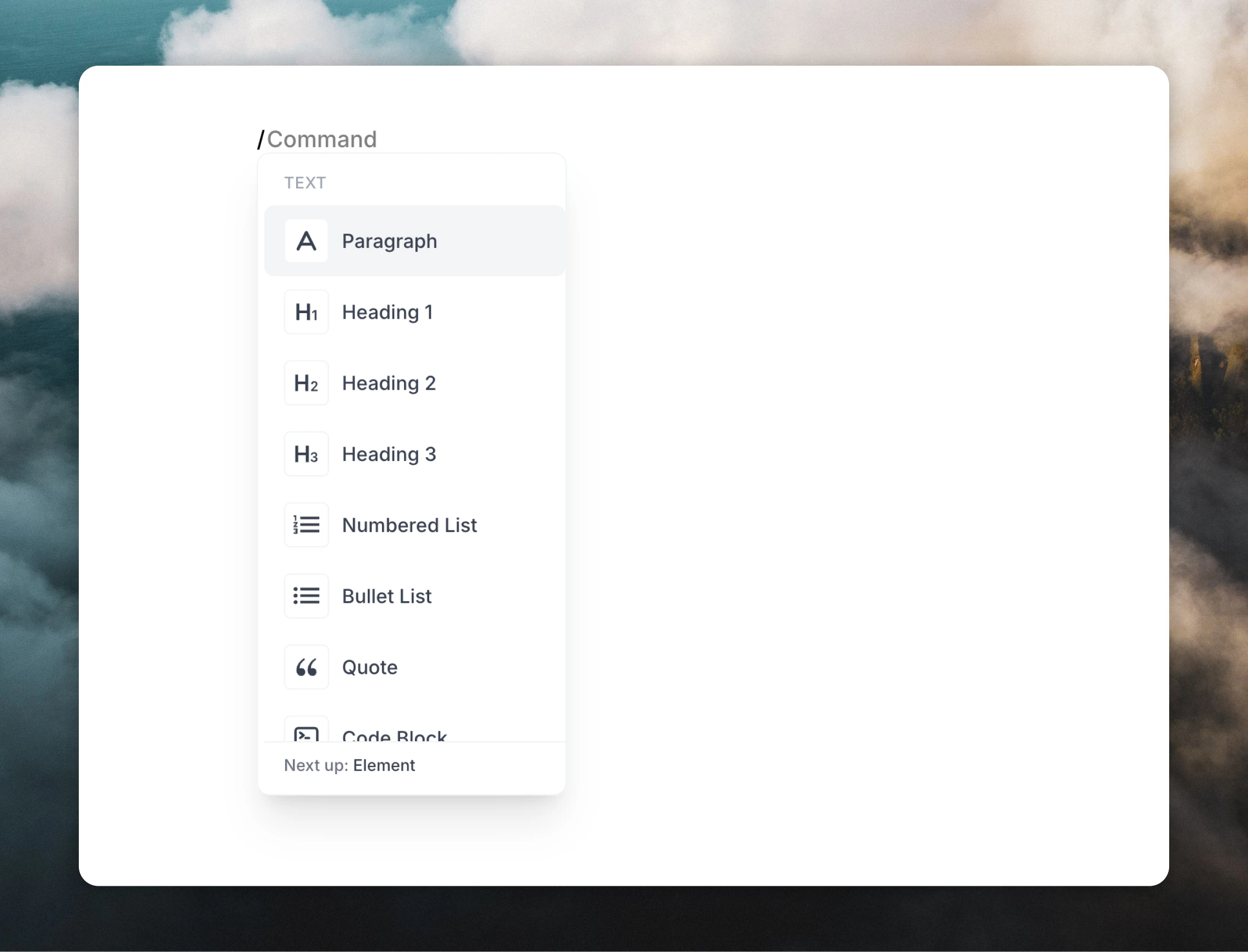 Slash menu for inserting email blocks