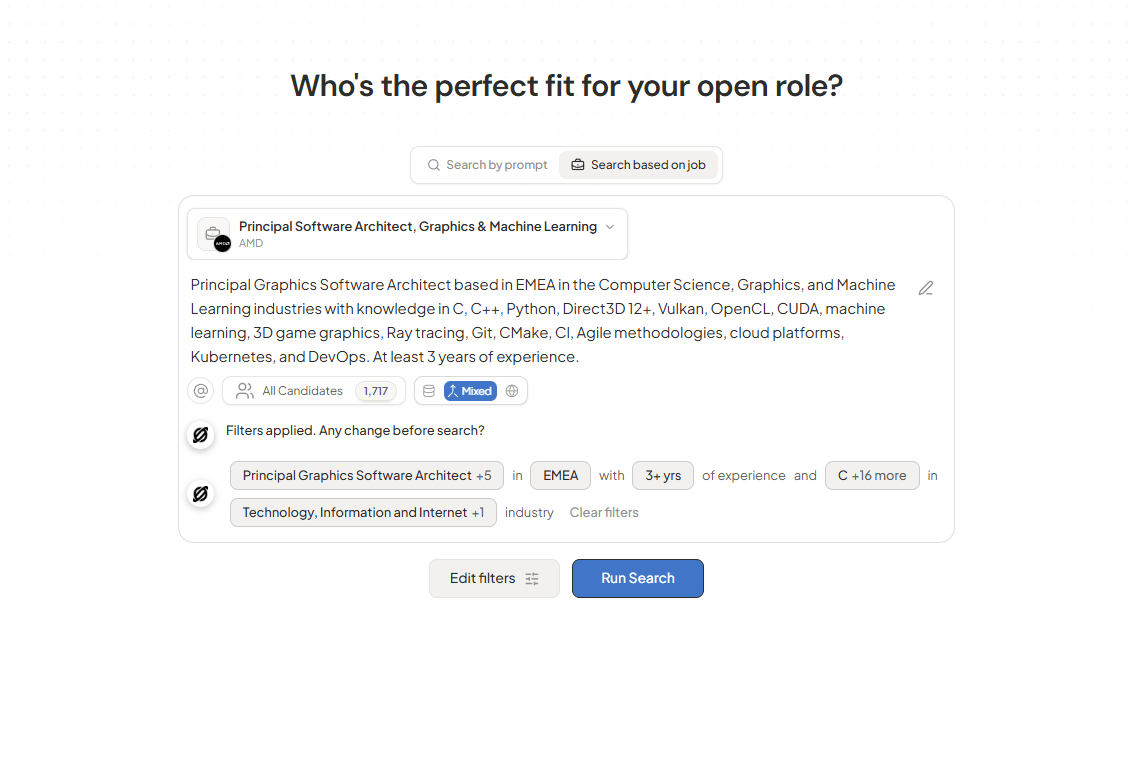 A generated job-based search with applied filter tags and the Edit filters and Run Search buttons