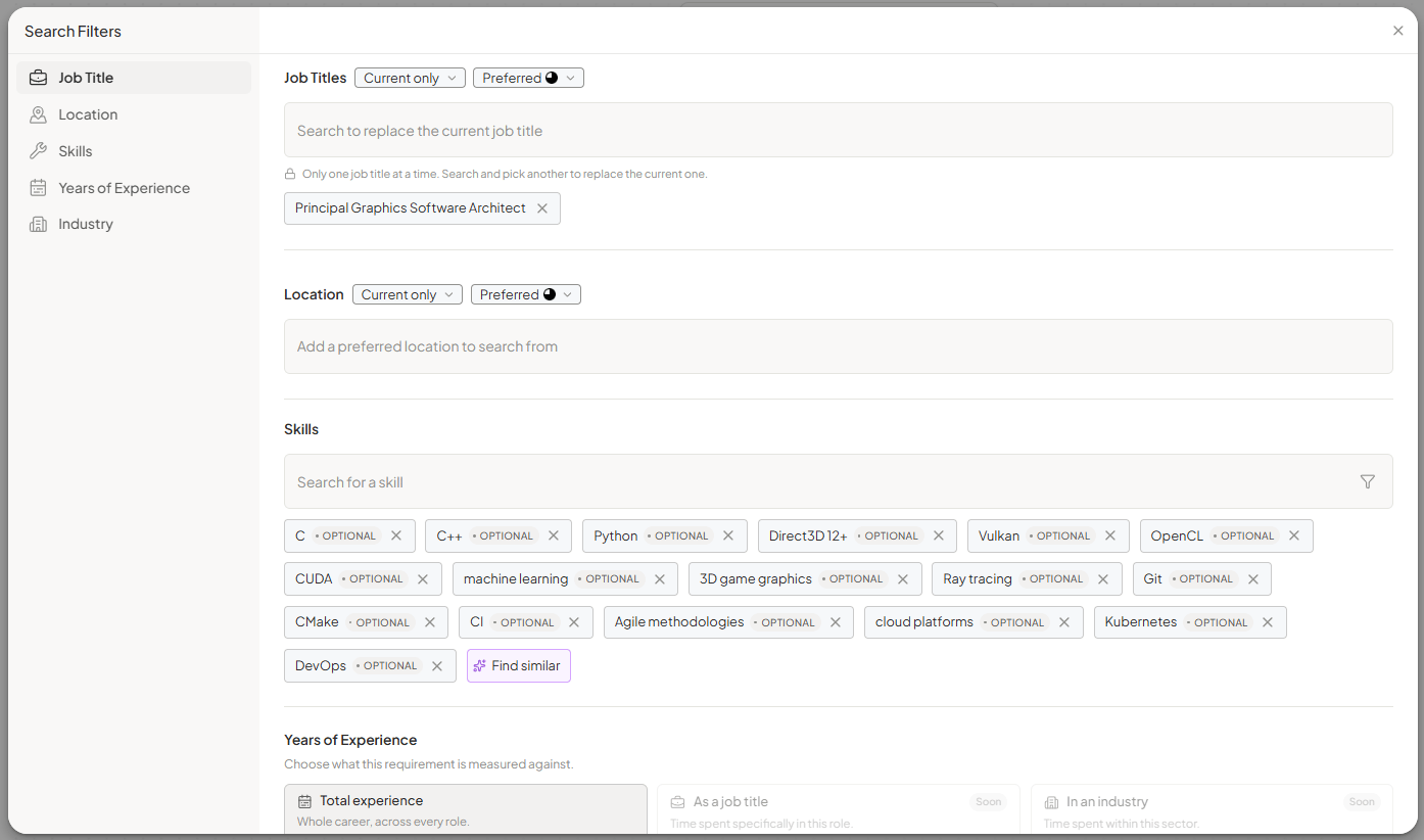 The Search Filters modal for fine-tuning job title, location, skills, experience, and industry before running