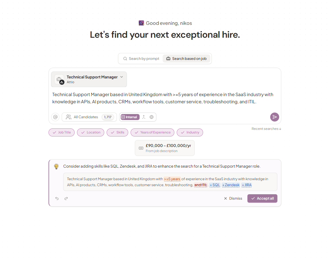 A generated search for a Technical Support Manager role, with active criteria, a salary band, and a suggestion to add skills
