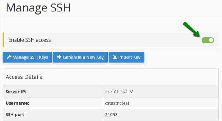 cPanel SSH Access section with toggle button