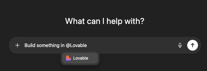 ChatGPT conversation interface showing the @Lovable tag being used to build an app from a conversation