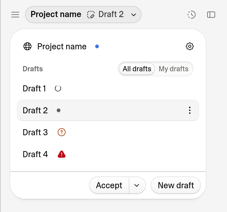 The draft switcher opened while viewing Draft 2, with the project's name and Draft 2 in the header, a blue dot on the top row that shows the project's name, the Drafts heading with the All drafts and My drafts tabs, Draft 1 working, Draft 2 selected and marked with a gray dot, Draft 3 marked with an orange question mark, and Draft 4 marked with a red warning triangle, above the Accept and New draft buttons
