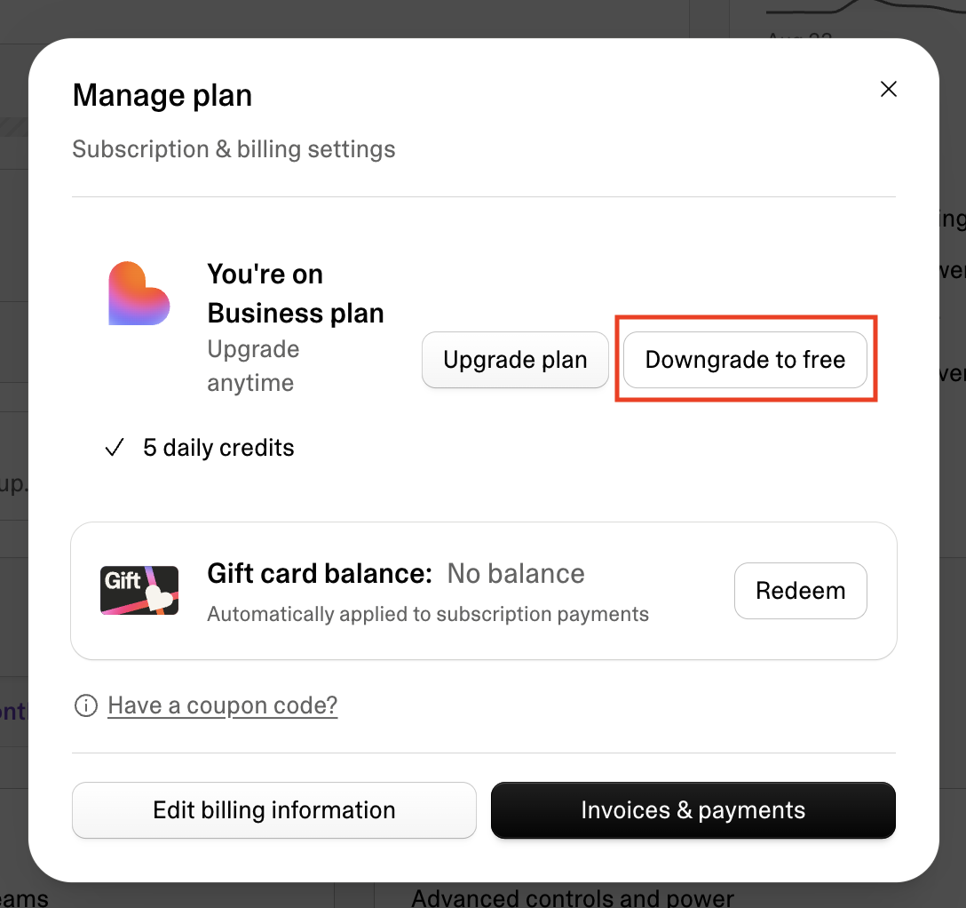 The Manage plan dialog with the Downgrade to free button highlighted