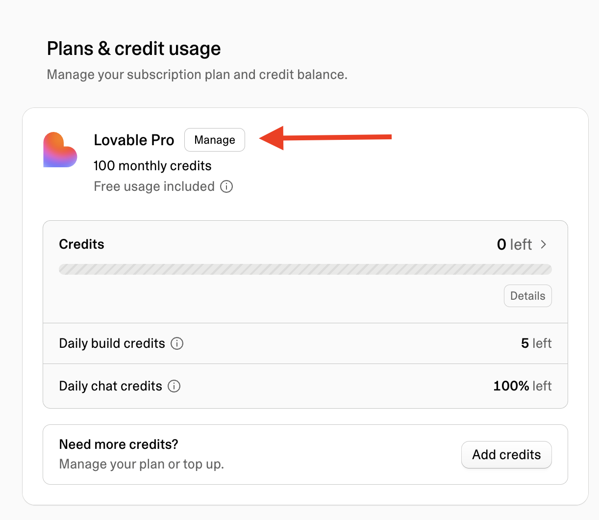 Plans & credit usage with an arrow pointing to the Manage button on the plan card