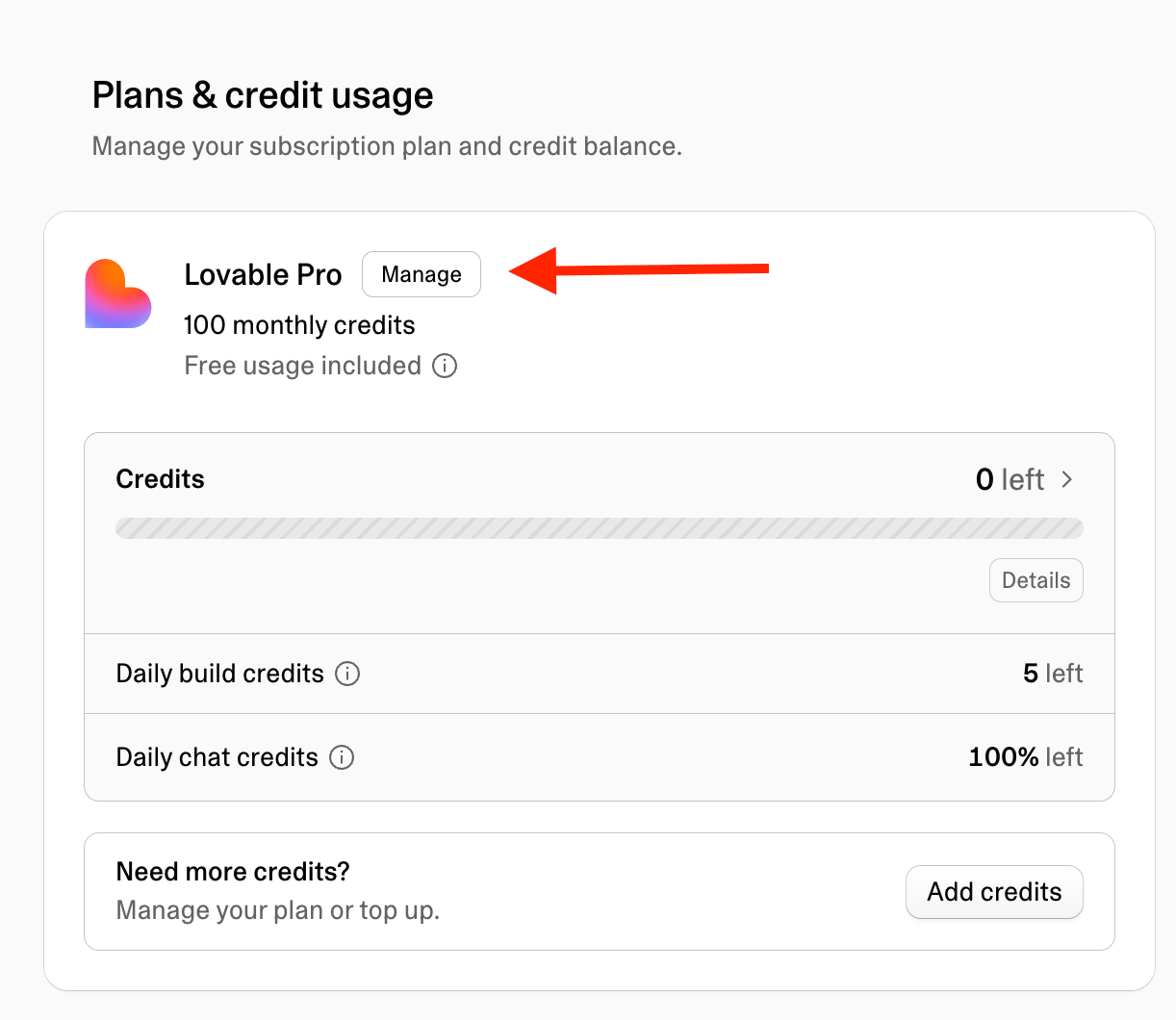 Plans & credit usage with an arrow pointing to the Manage button on the plan card