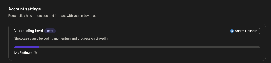 Vibe coding level user interface in account settings