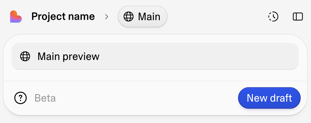 The draft switcher opened for the first time, showing Main preview and a New draft button