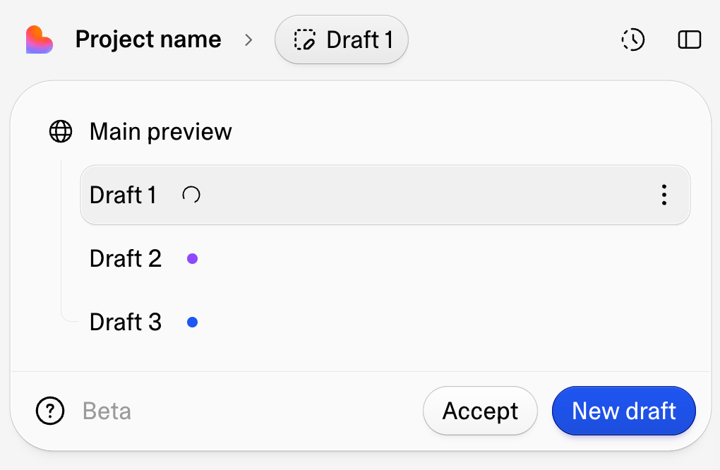 The draft switcher listing Main preview and three drafts in different states, with Accept and New draft buttons