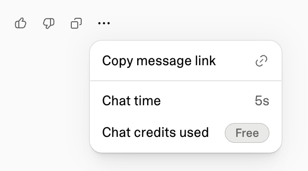 The More options menu on a Lovable reply showing Copy message link, Chat time 5s, and Chat credits used with a Free badge.