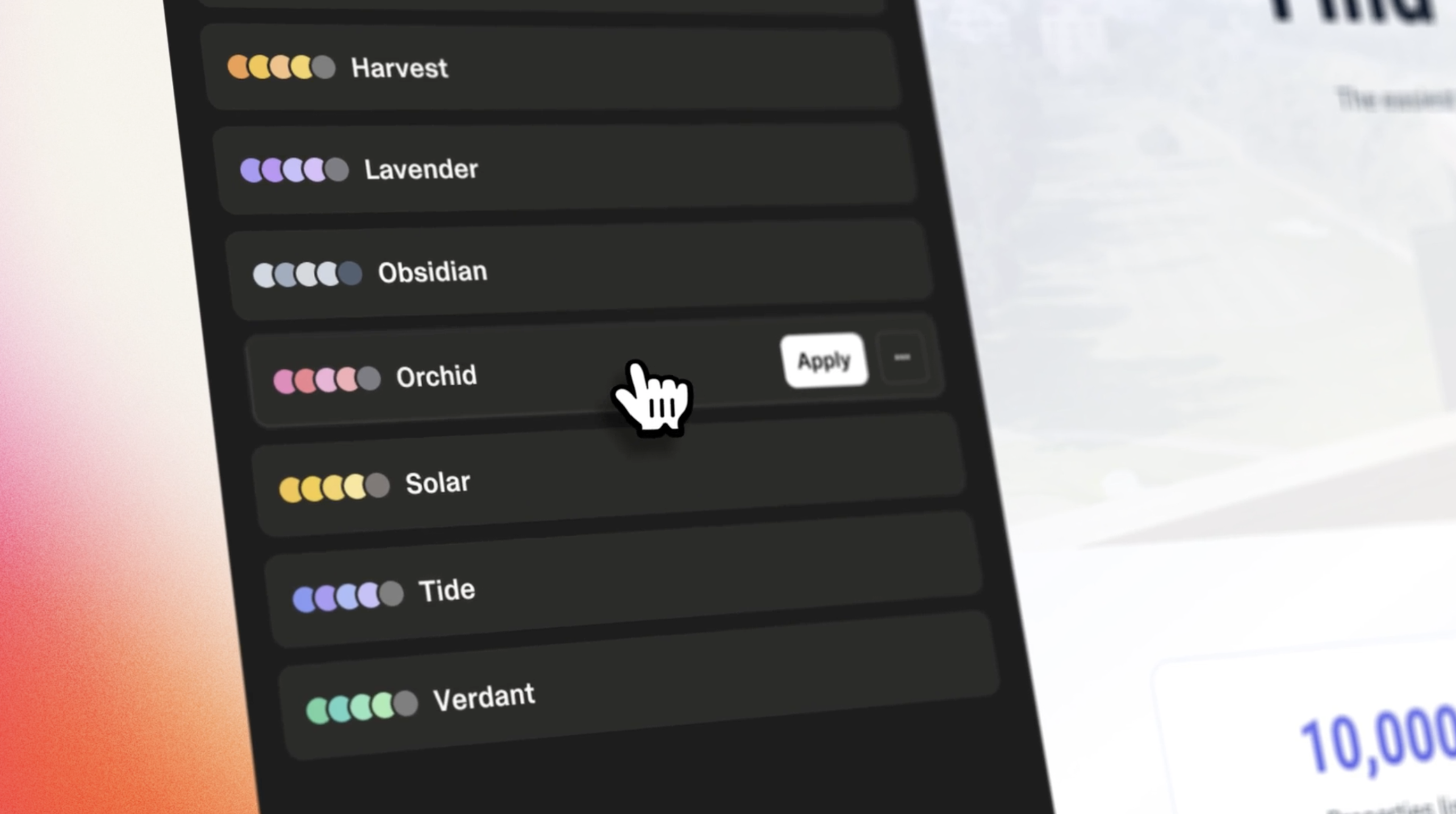 Themes panel showing color, typography, and spacing customization options