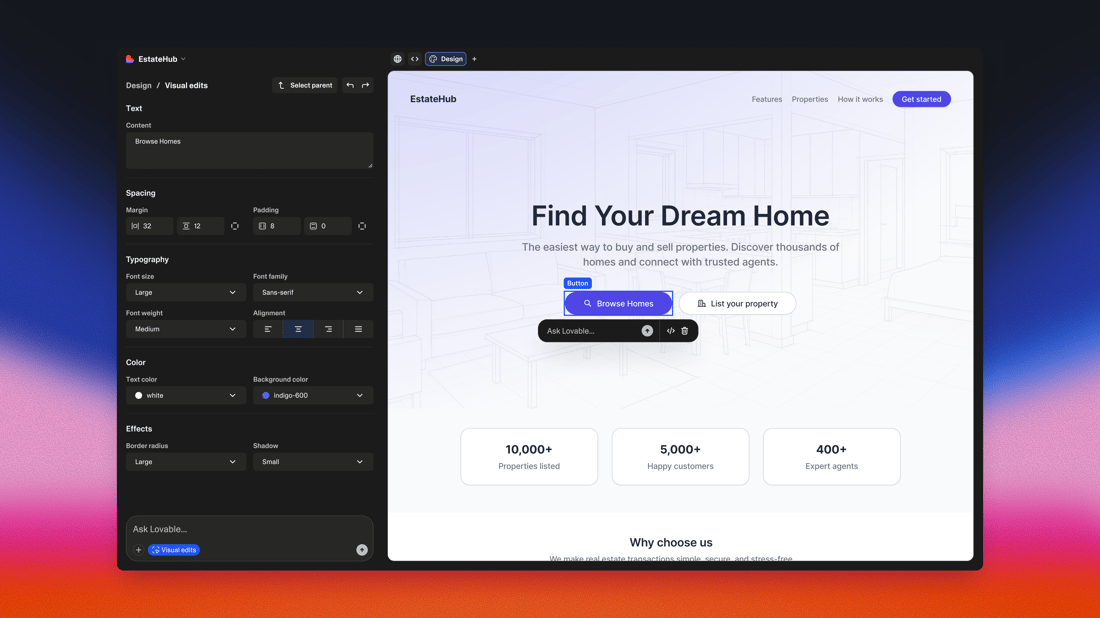 Official Lovable visual editor interface with element selection and style controls
