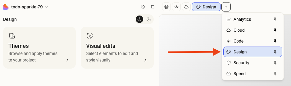 Design view panel showing tabs for Visual edits, Themes, and AI image generation tools