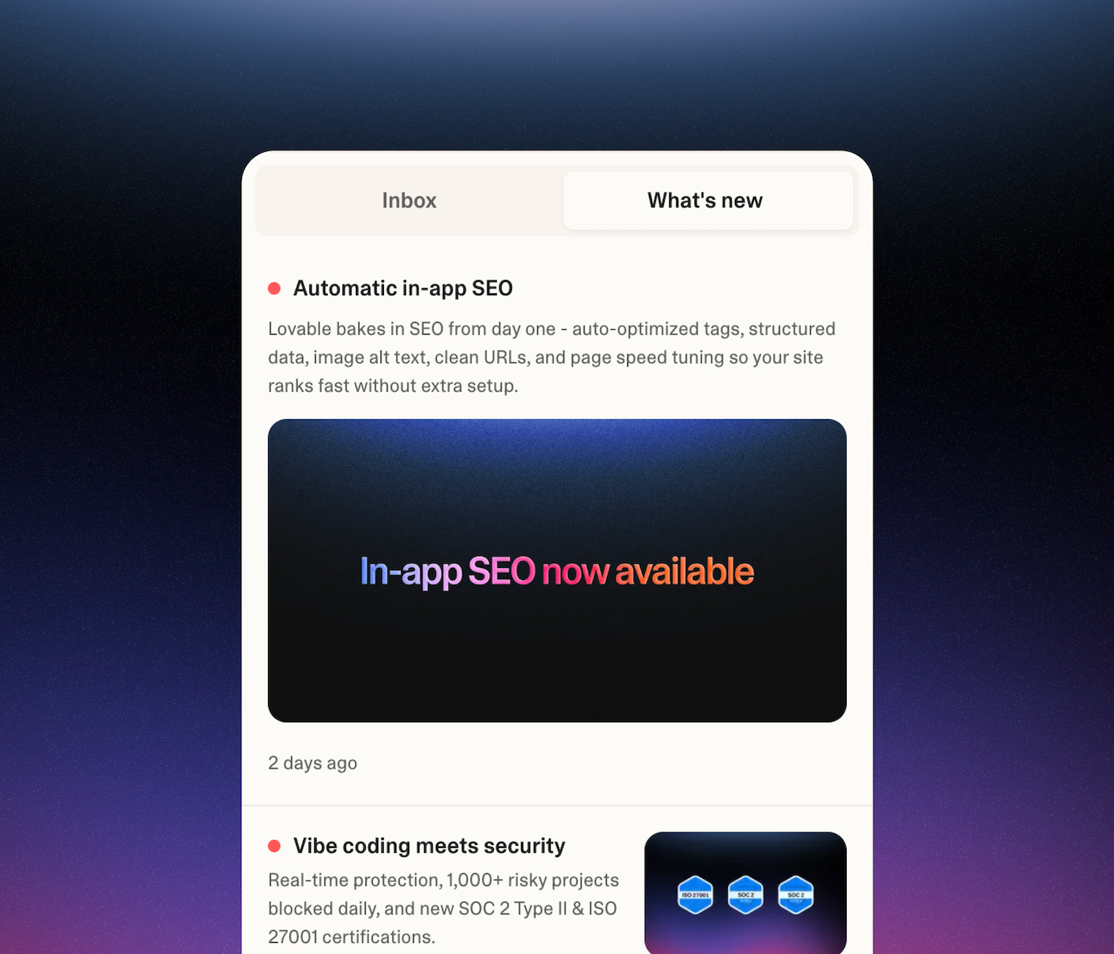 Lovable inbox interface showing project invites and recent updates