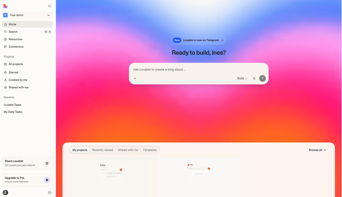 Lovable’s official documentation screenshot of its dashboard, with the app prompt, project navigation and shared workspace controls. The account and projects are vendor examples.