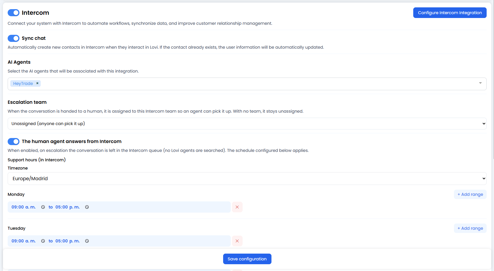 Intercom Integration Screen
