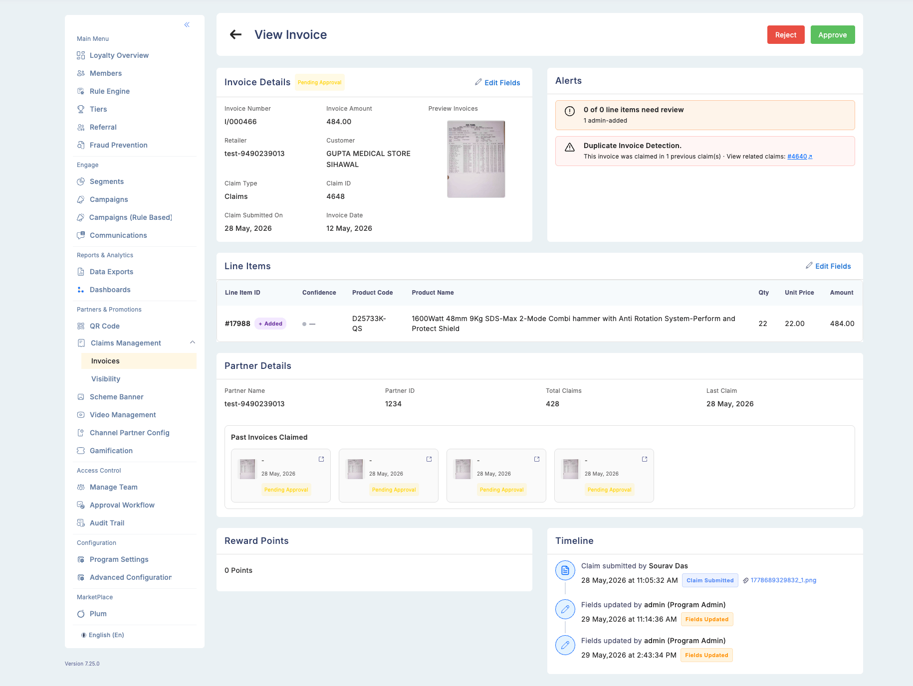 View Invoice detail showing Invoice Details panel with Pending Approval status, Alerts panel (Duplicate Invoice Detection warning), Line Items table with OCR confidence signals, Partner Details with past invoices thumbnails, Reward Points section, and Timeline with action history