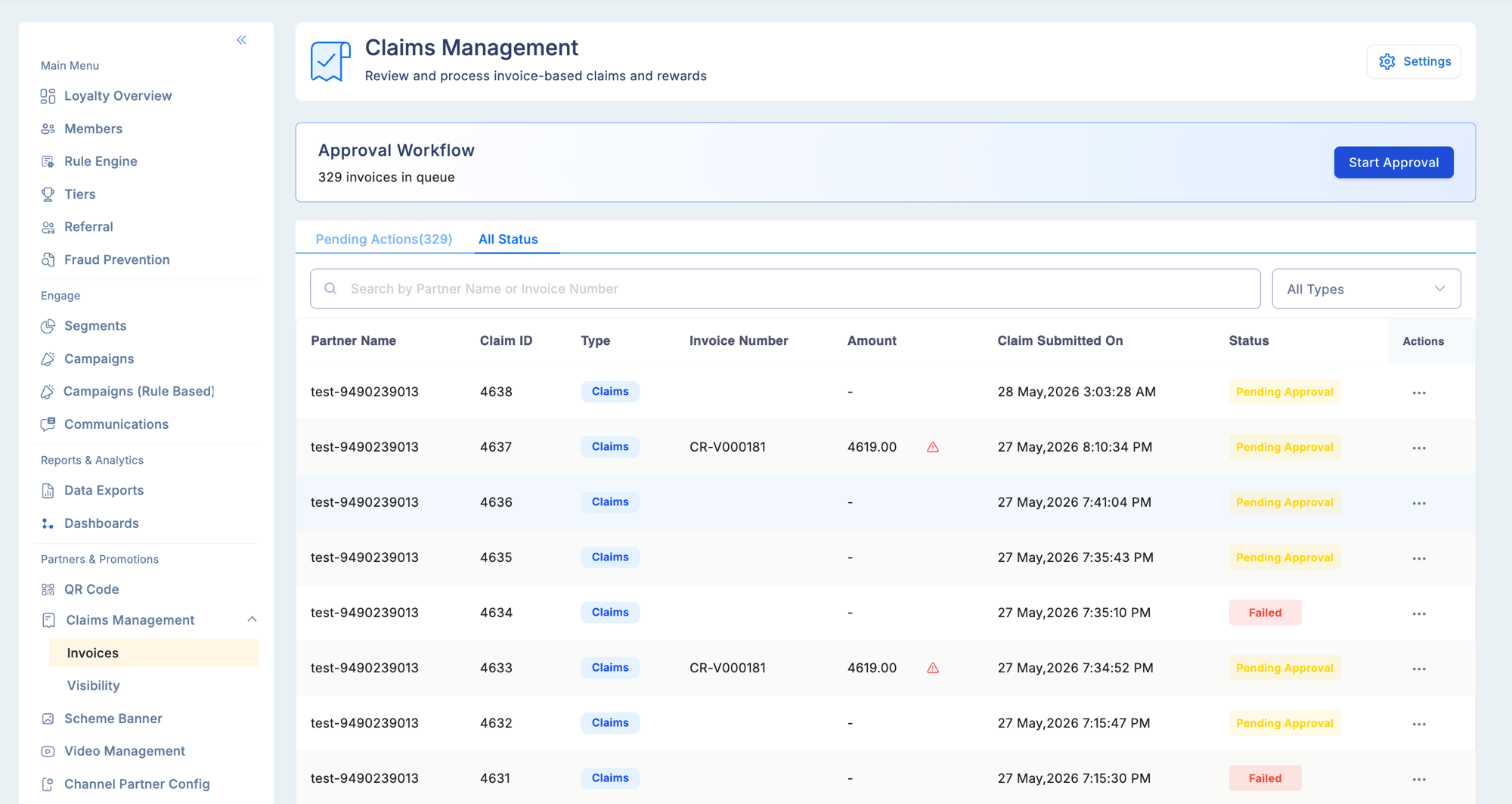 Claims Management — Invoices All Status tab showing the same columns with an additional Status column displaying Pending Approval and Failed status badges for each claim