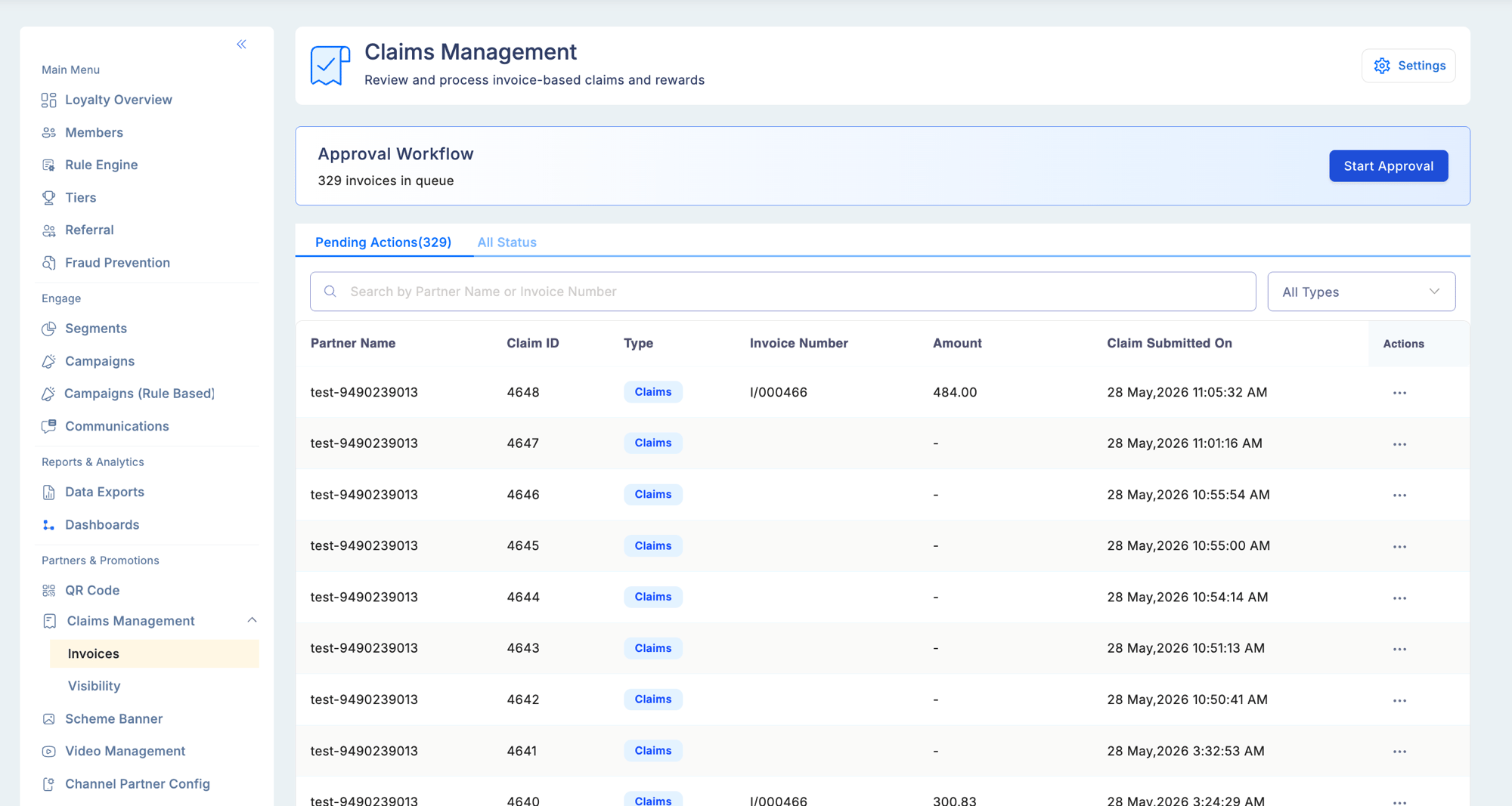 Claims Management — Invoices screen showing the Approval Workflow banner with 329 invoices in queue and Start Approval button, Pending Actions tab active, and claims list with Partner Name, Claim ID, Type badge, Invoice Number, Amount, and Claim Submitted On columns