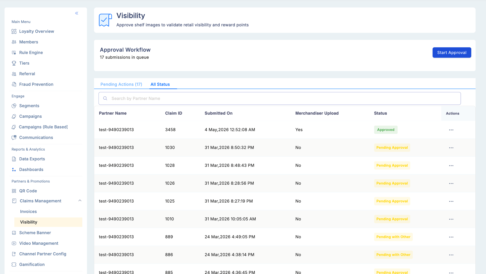 Visibility — All Status tab showing the same columns with a Status column added, displaying Approved, Pending Approval, and Pending with Other status badges for each submission