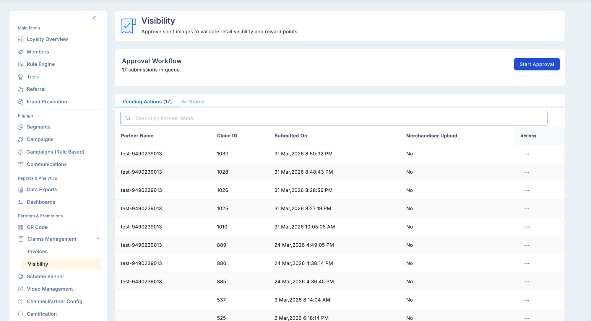Visibility — Pending Actions tab showing Approval Workflow with 17 submissions in queue, and claims list with Partner Name, Claim ID, Submitted On, Merchandiser Upload (Yes/No), and Actions columns