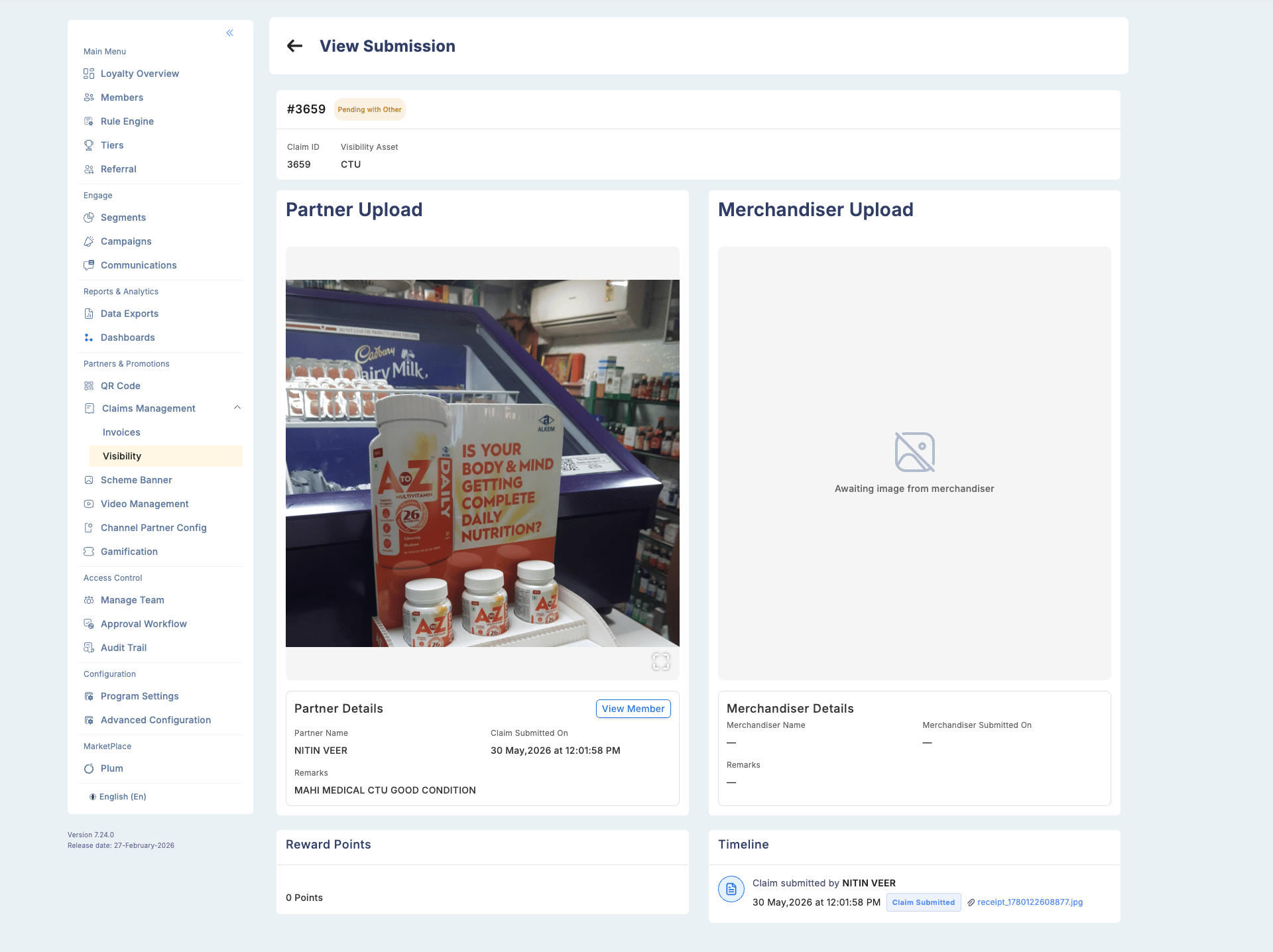 View Submission detail for claim #3659 showing Partner Upload panel with a shelf product photo, Merchandiser Upload panel showing Awaiting image placeholder, Partner Details section with partner name and submission timestamp, Merchandiser Details, Reward Points section, and Timeline with claim submitted entry