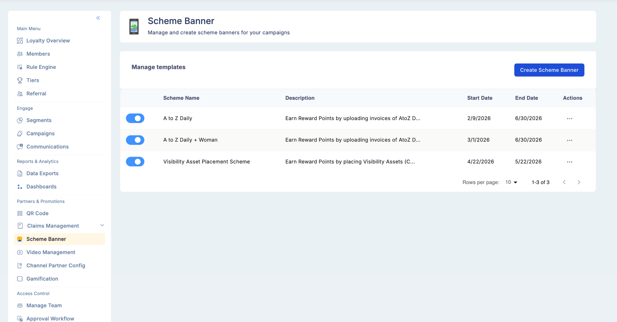 Scheme Banner — Manage templates list showing Active/Inactive toggles, Scheme Name, Description, Start Date, End Date columns and a Create Scheme Banner button in the upper right