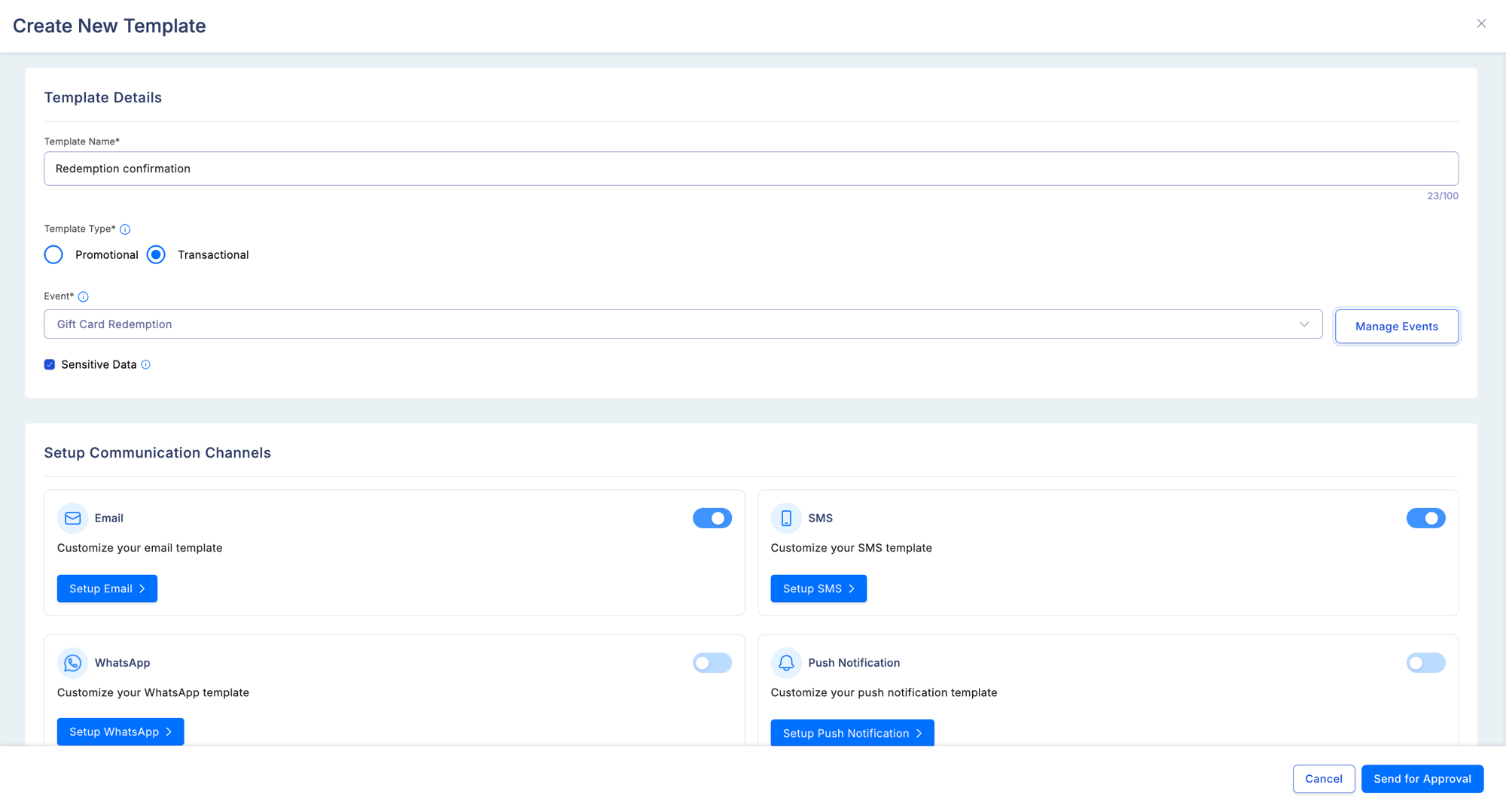 Create New Template form with Template Name field, Transactional type selected, trigger event dropdown showing Gift Card Redemption selected, Sensitive Data checkbox, and Setup Communication Channels section with Email, SMS, WhatsApp, and Push Notification channel toggles