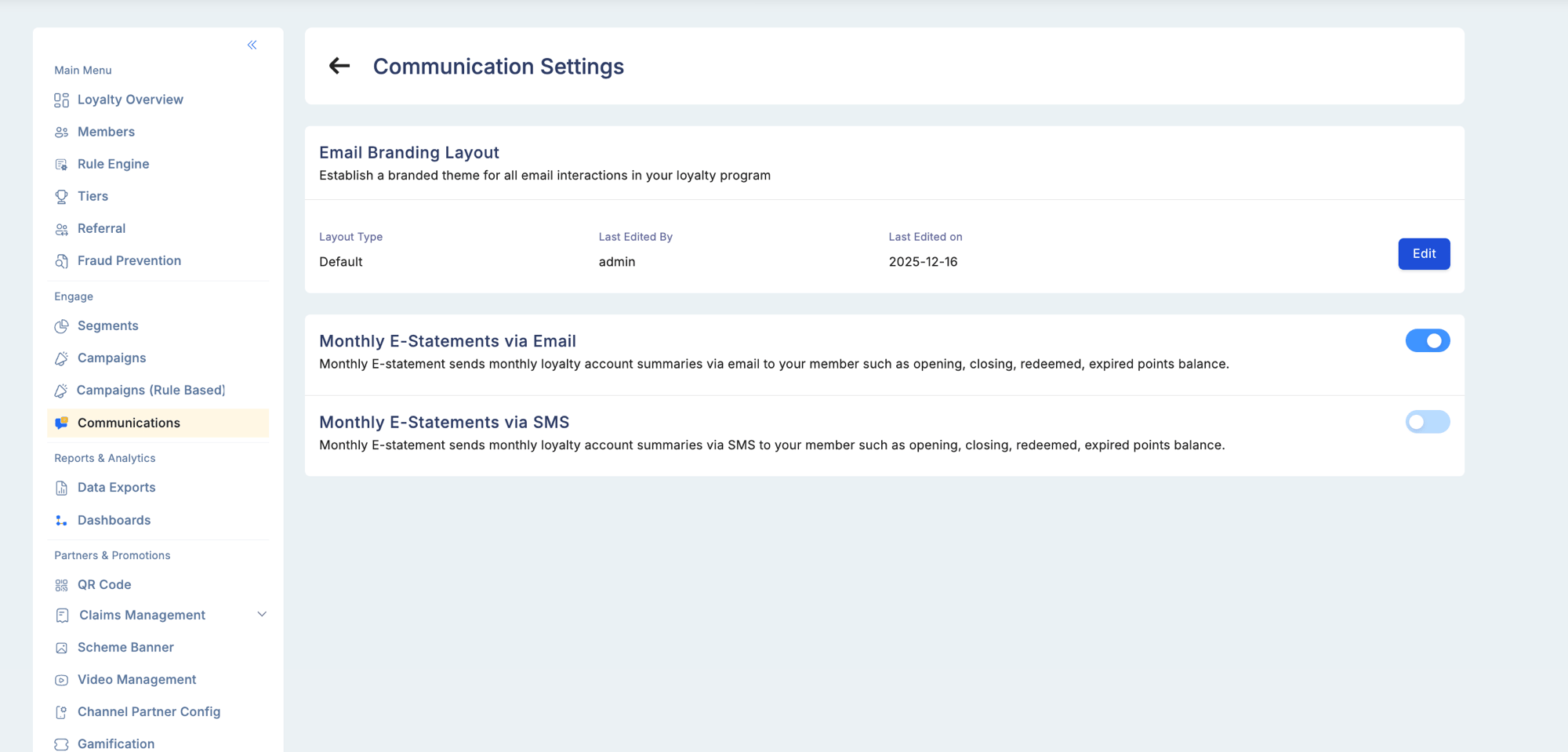 Communication Settings screen showing Email Branding Layout selector with template preview thumbnails, and Monthly E-Statements toggle for enabling automated member statements via email