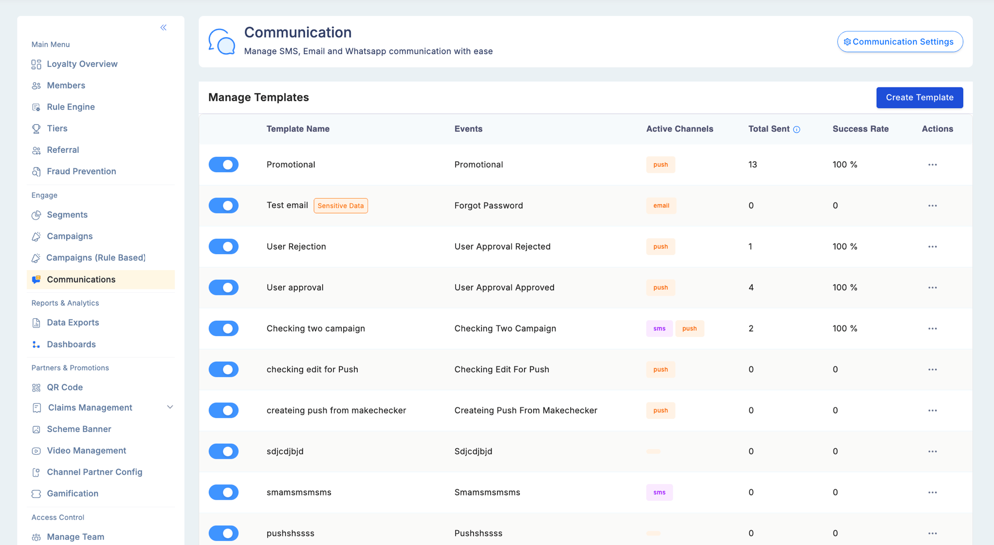 Manage Templates screen listing communication templates with Template Name, Events binding, Active Channels badges (Email, SMS, WhatsApp, Push), Total Sent count, and Success Rate columns, with Create Template button in the upper right