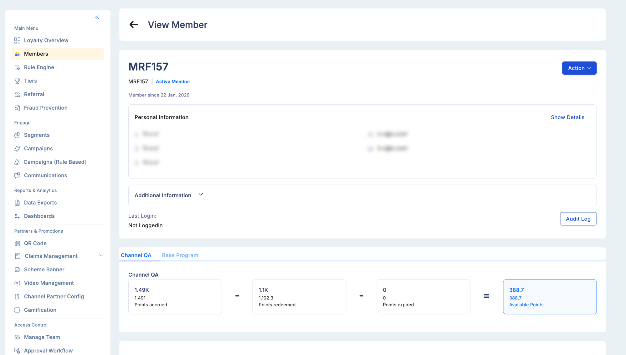 Member profile detail view showing Account Info tab with member MRF157 — Personal Info section, points summary panel with Current Balance, Lifetime Points, Points Redeemed, and Points Expired, and action buttons for Edit, Change Status, and Adjust Points